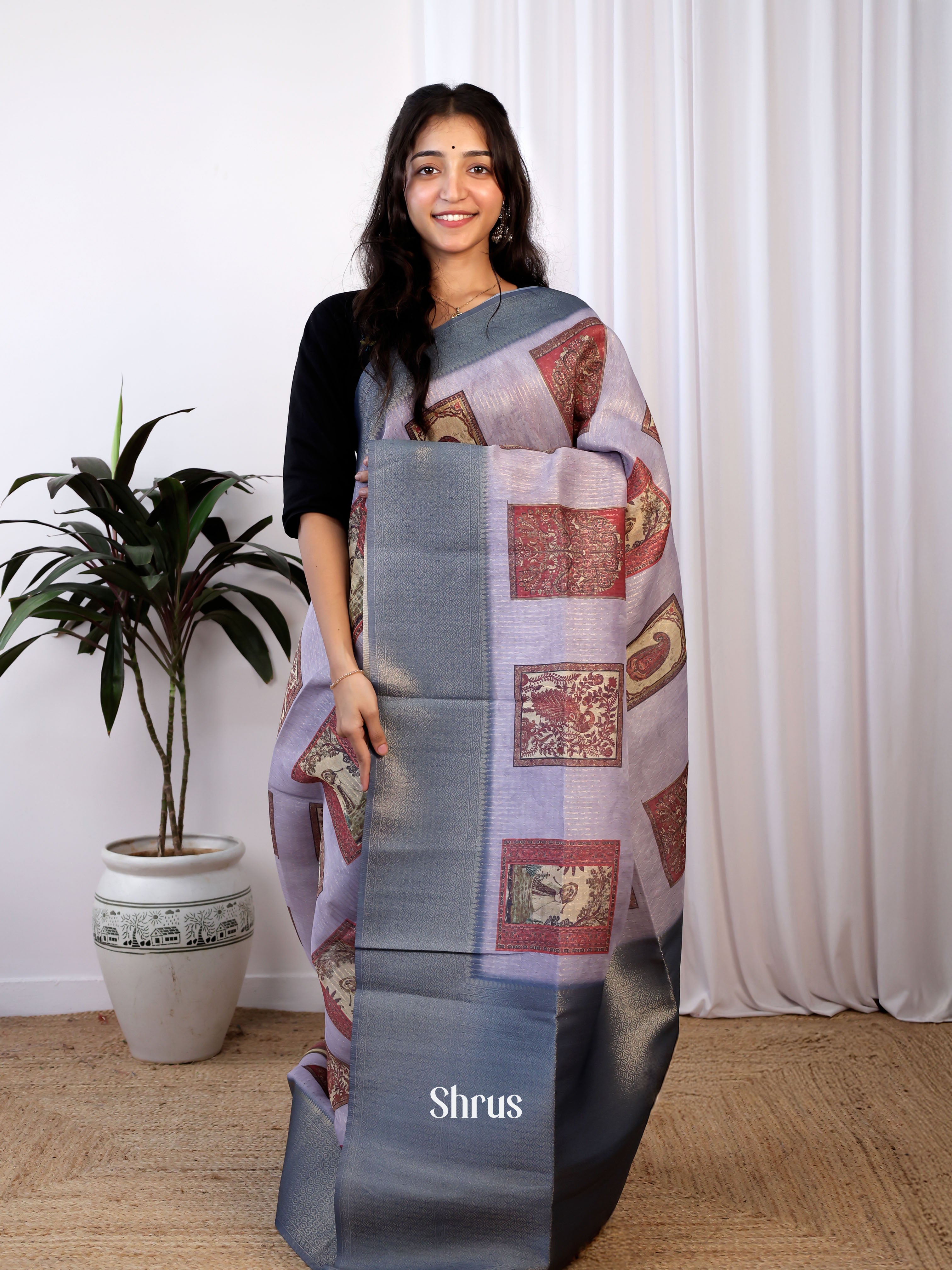 Purple & Blue - Semi Jute Saree - Shop on Shrus.com