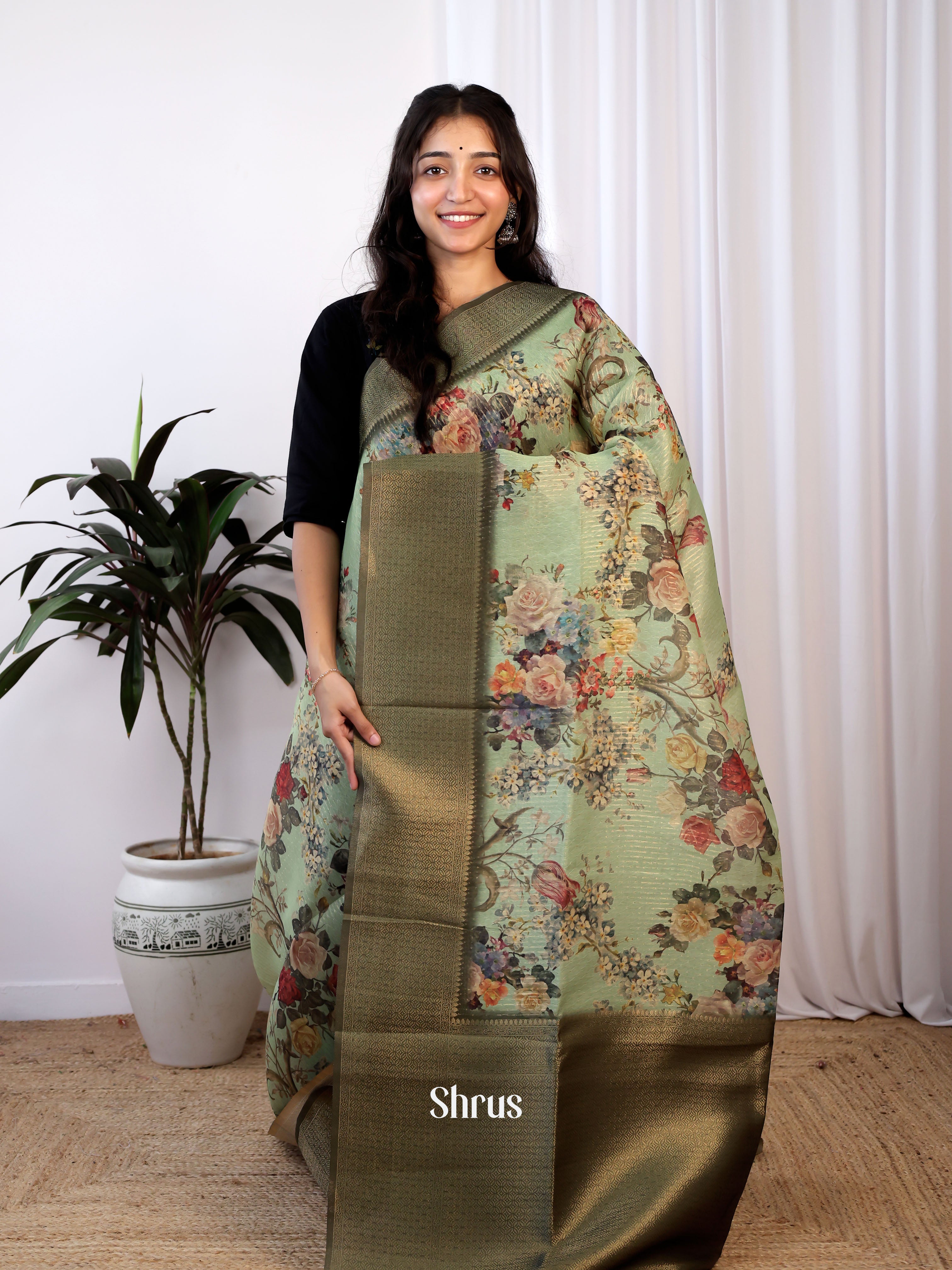 Lite Green & Green - Semi Jute Saree - Shop on Shrus.com