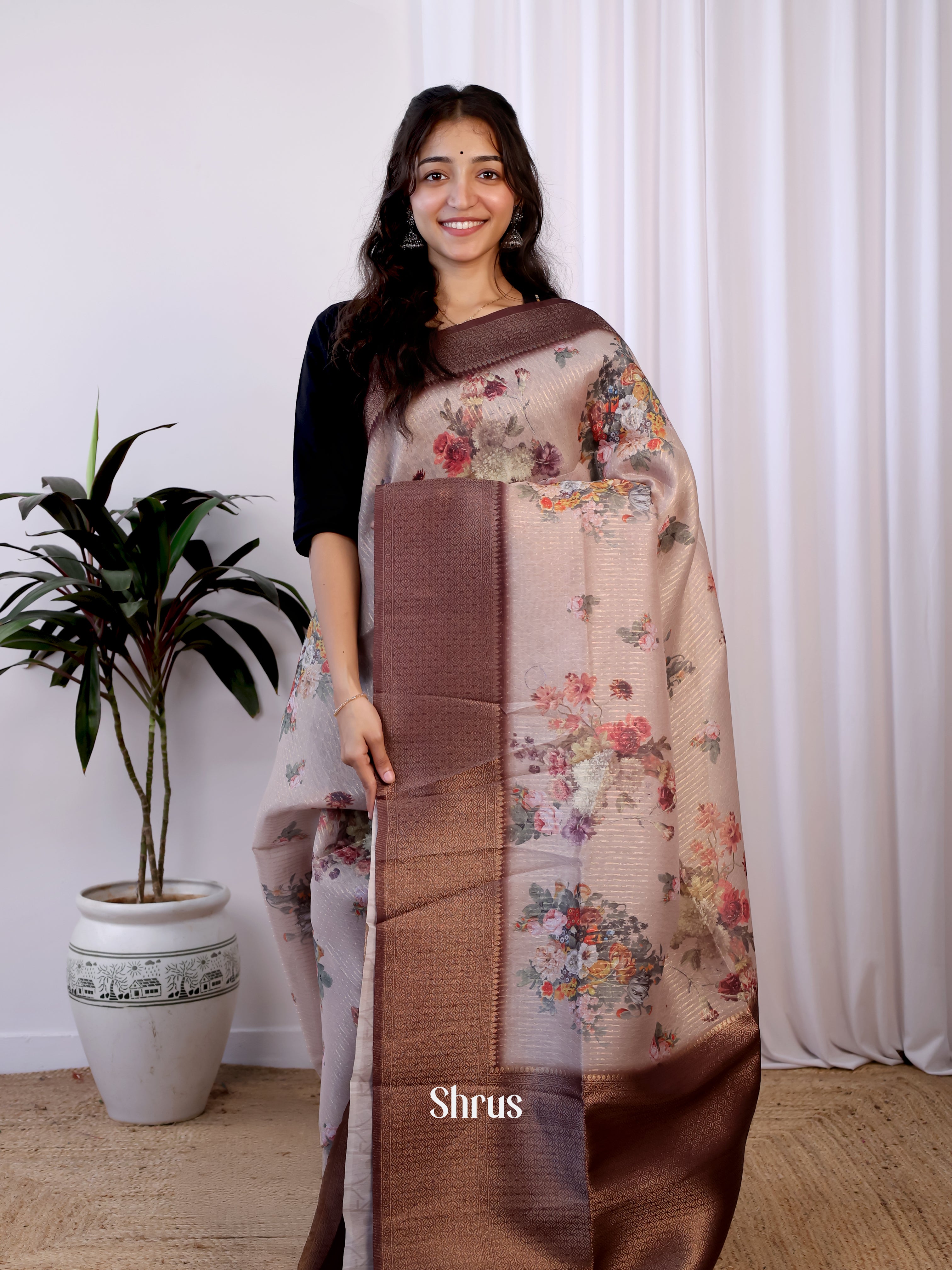 Purple & Brown - Semi Jute Saree - Shop on Shrus.com