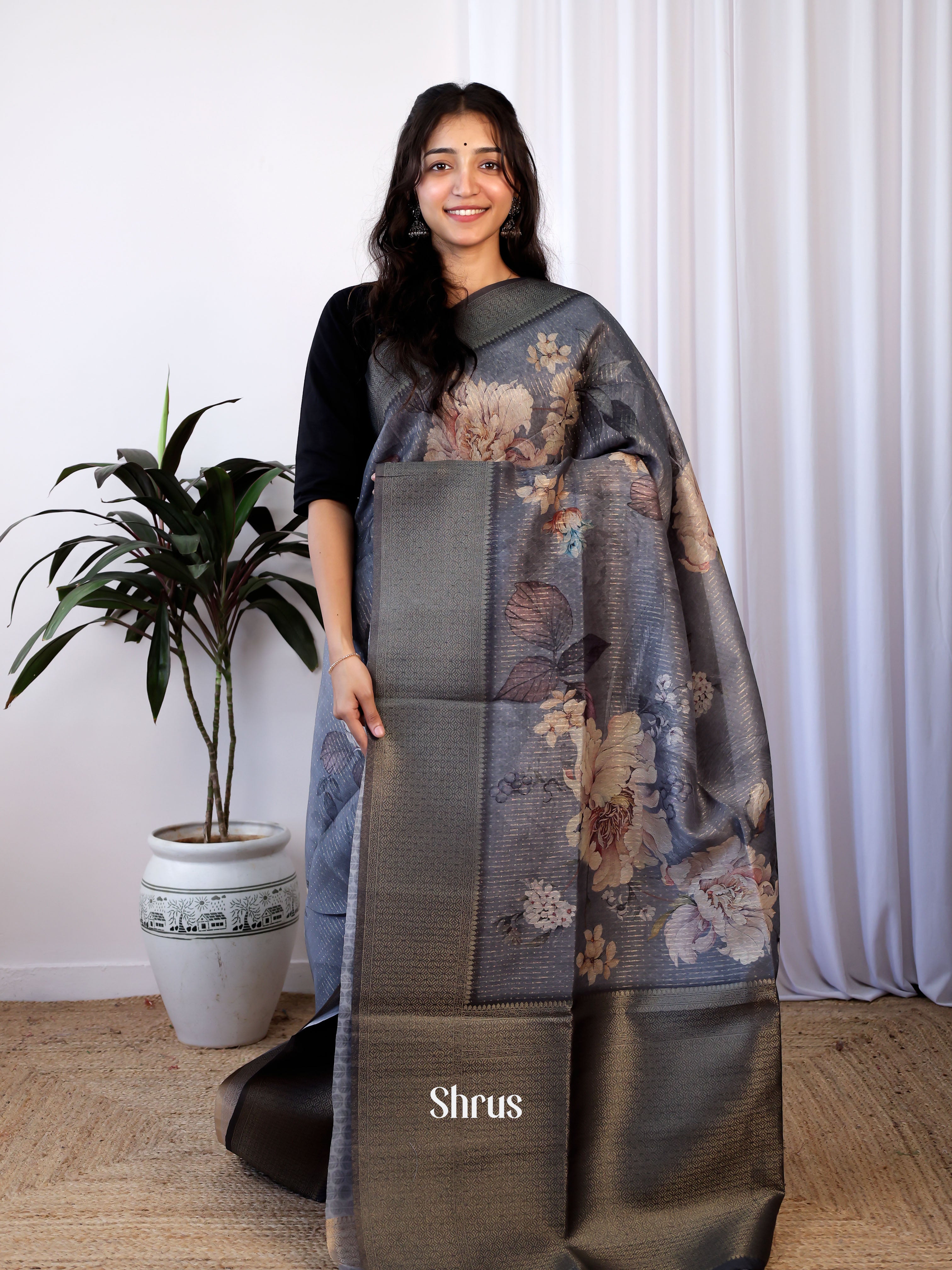 Grey -Semi Jute Saree - Shop on Shrus.com