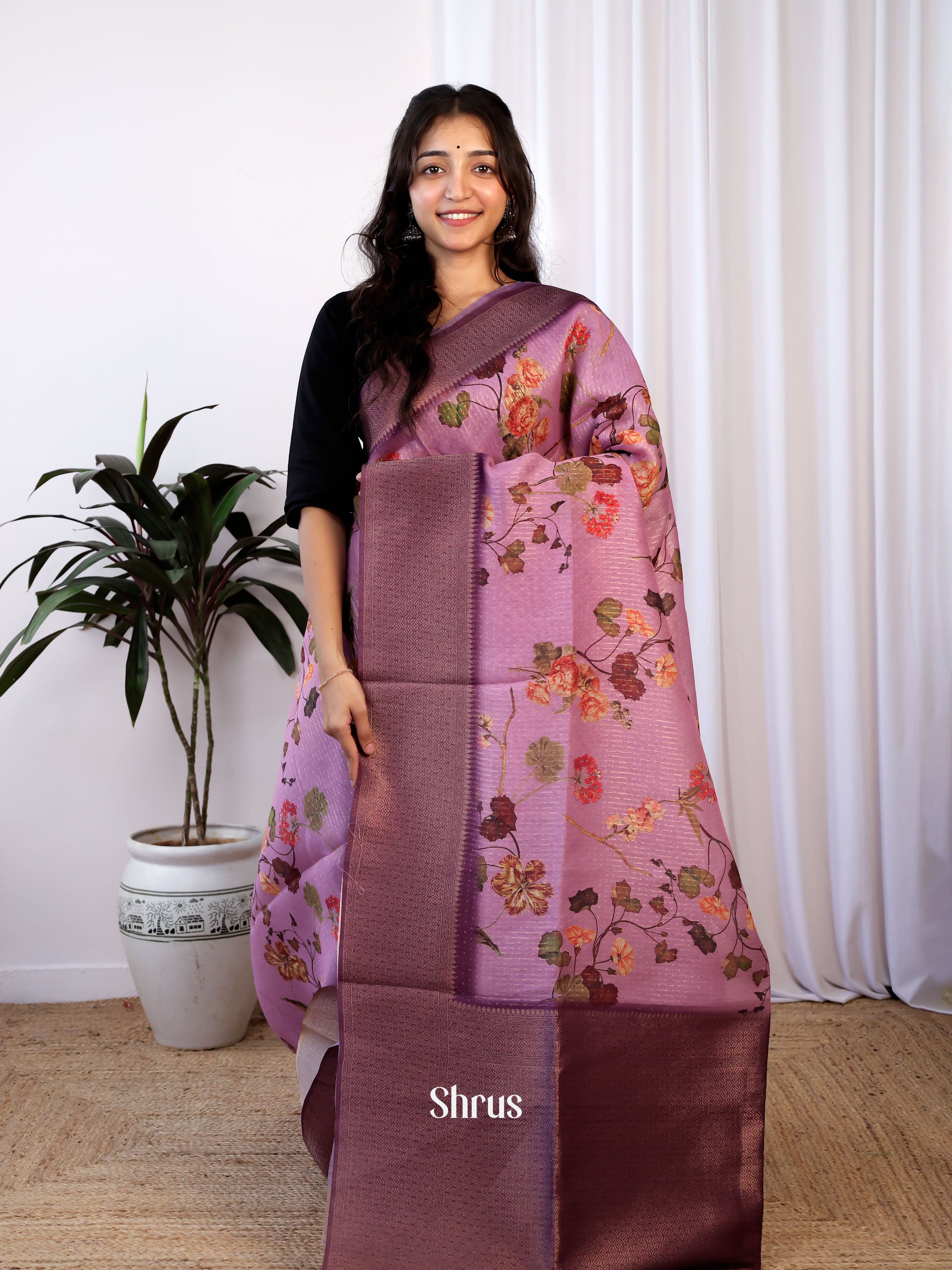 Purple & Violet -Semi Jute Saree - Shop on Shrus.com