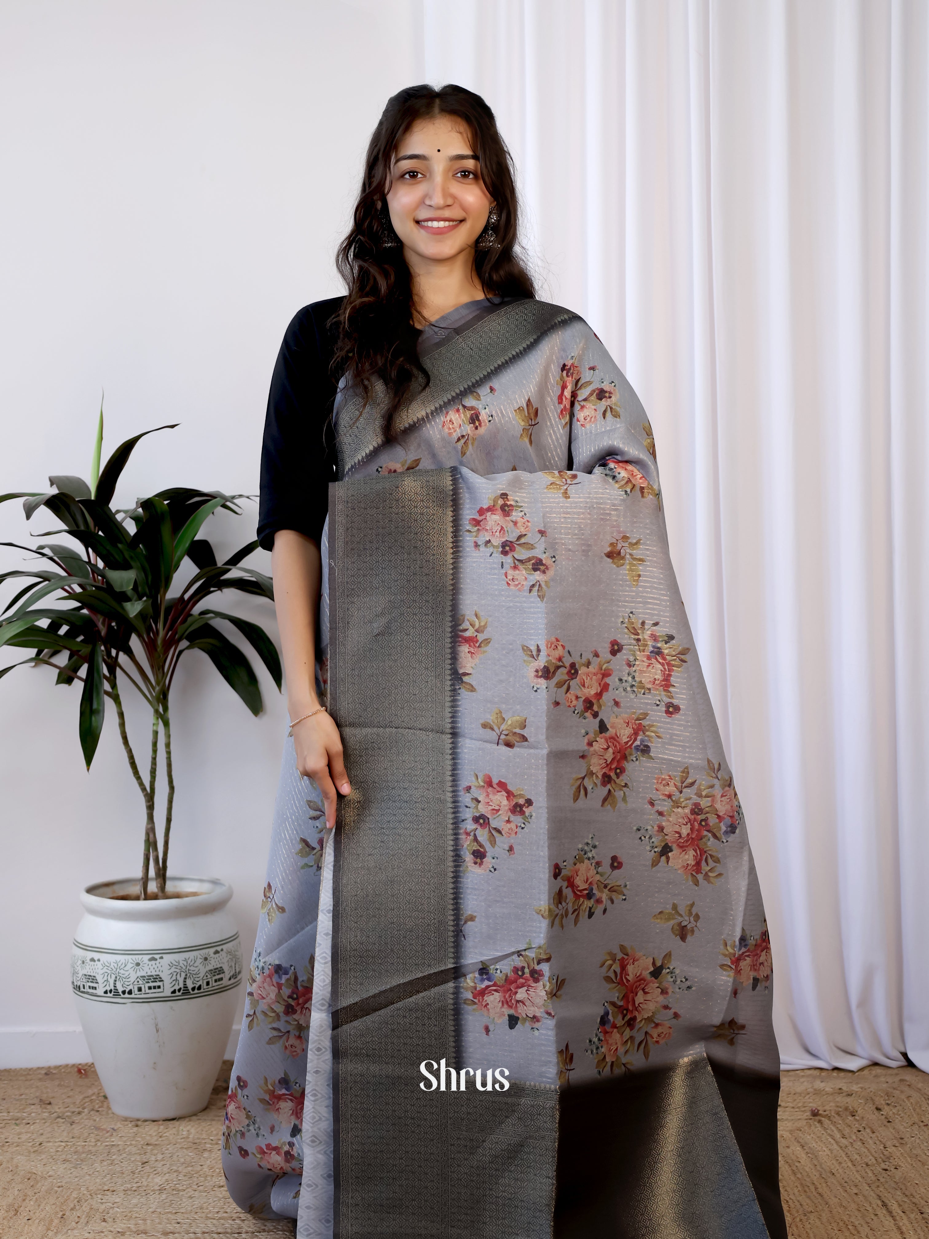 Grey- Semi Jute Saree - Shop on Shrus.com