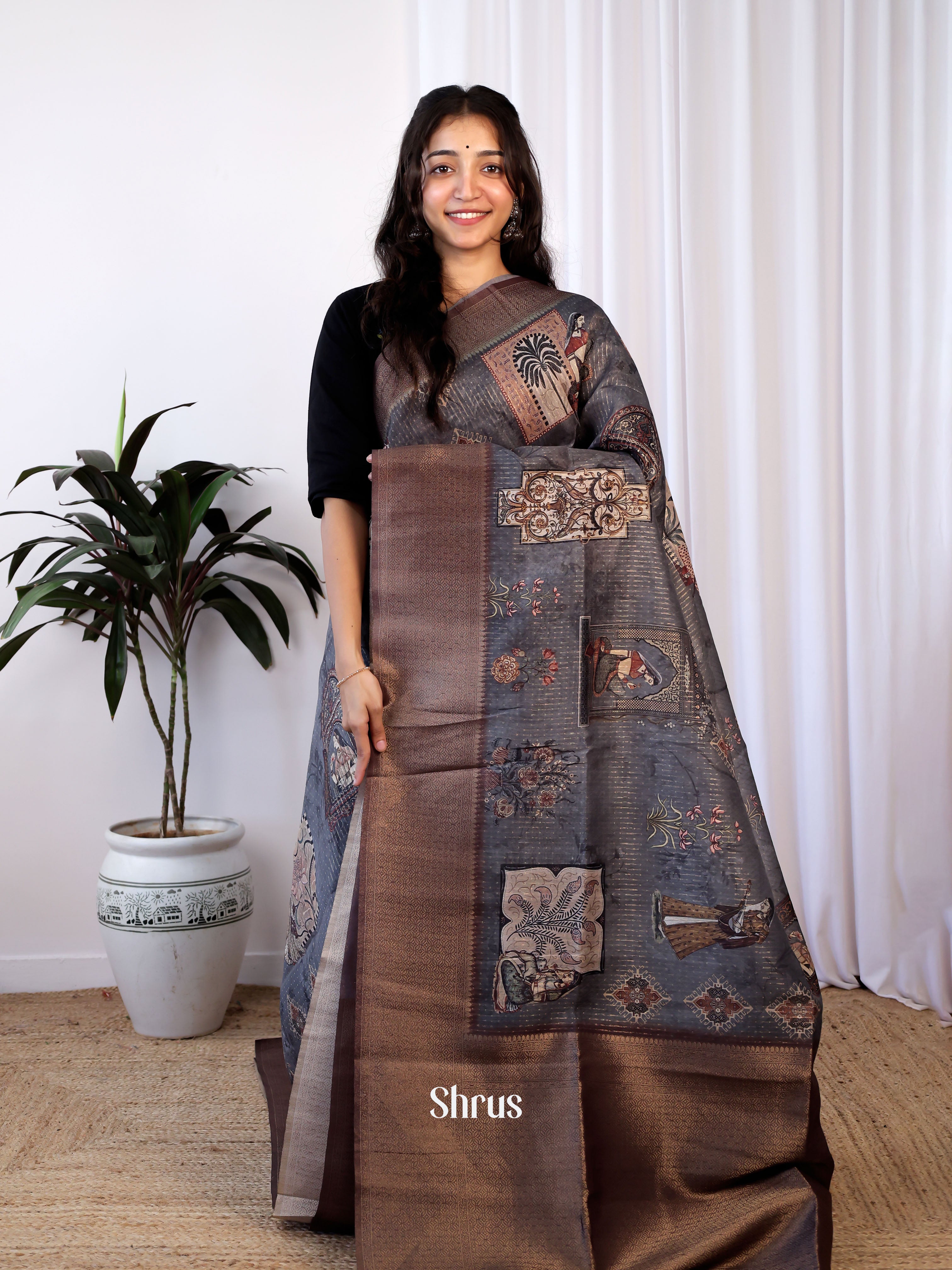 Grey & Brown - Semi Jute Saree - Shop on Shrus.com