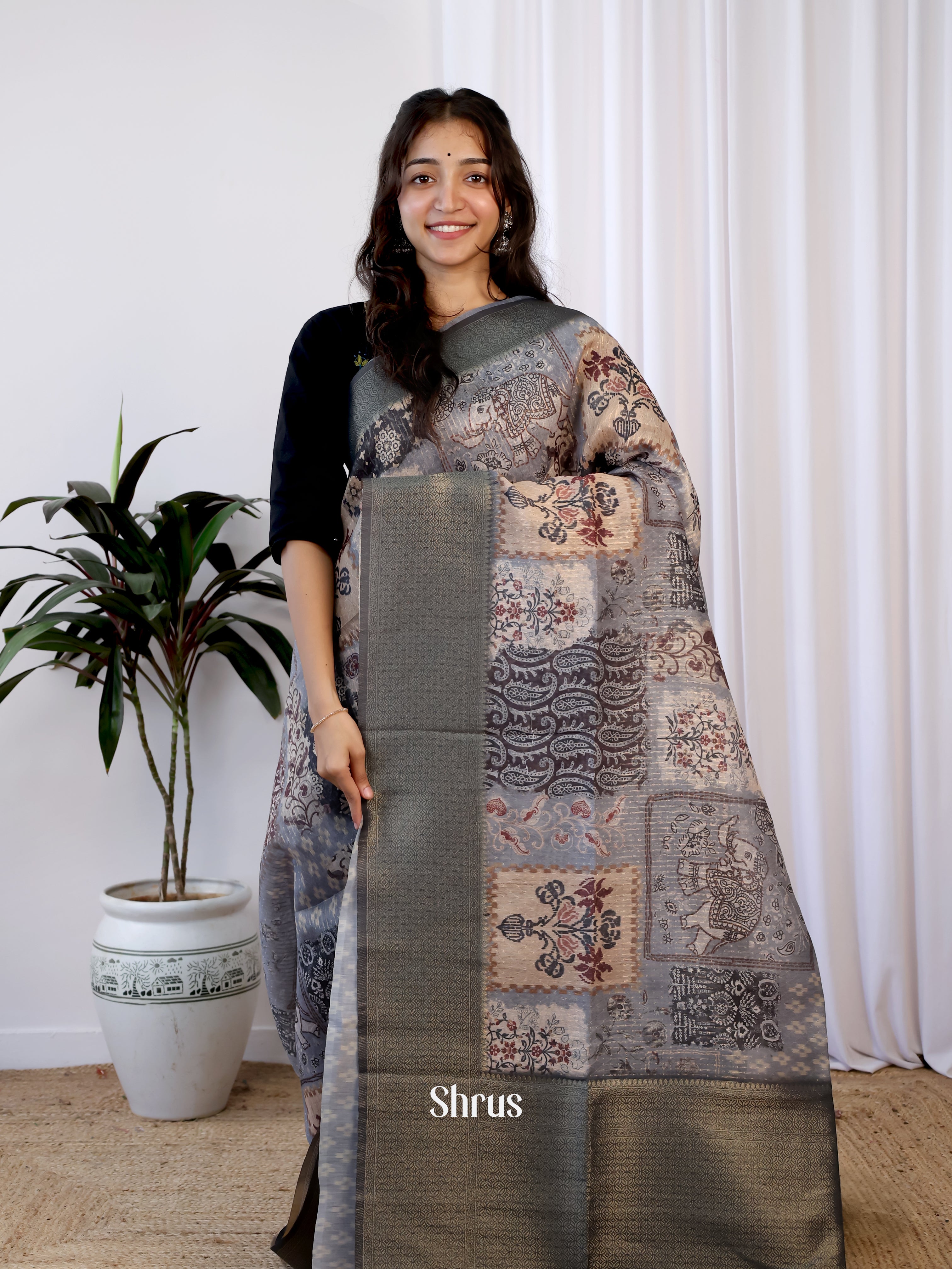 Grey -Semi Jute Saree - Shop on Shrus.com