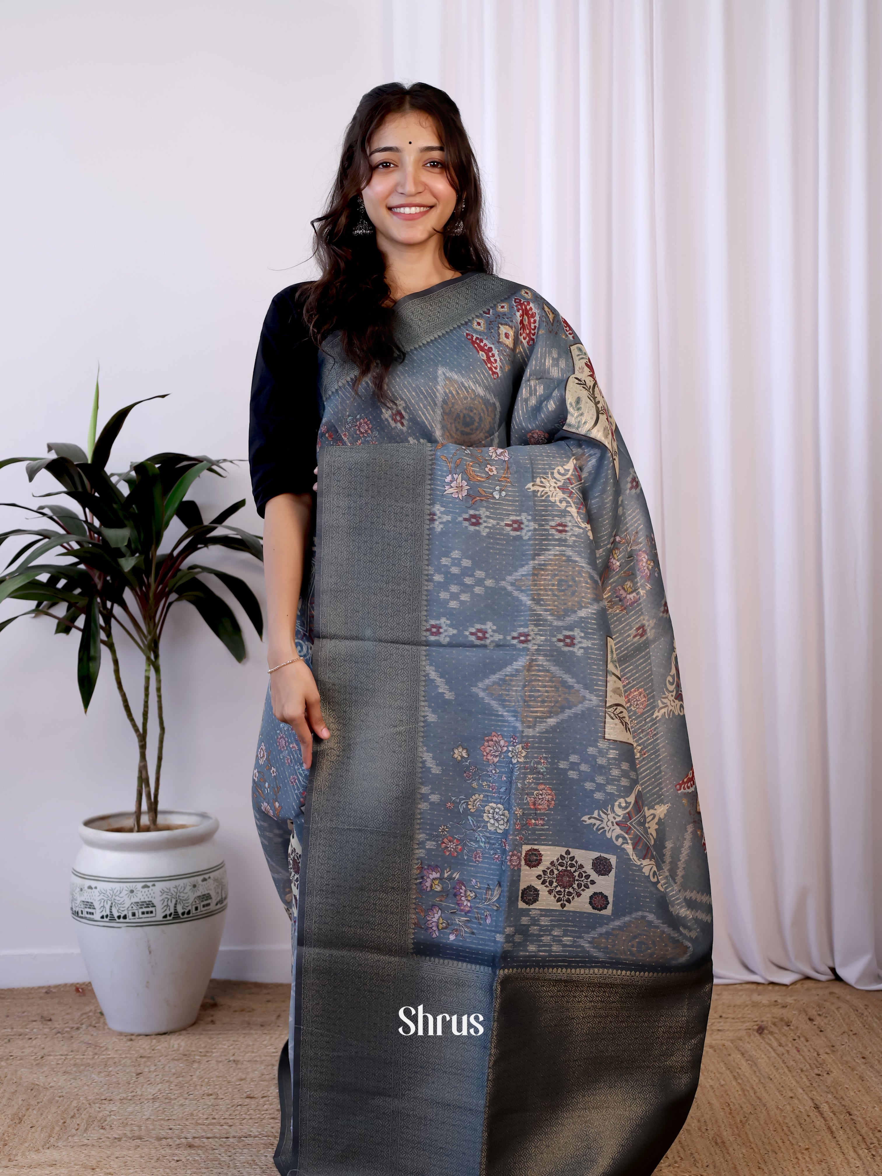 Blue - Semi Jute Saree - Shop on Shrus.com