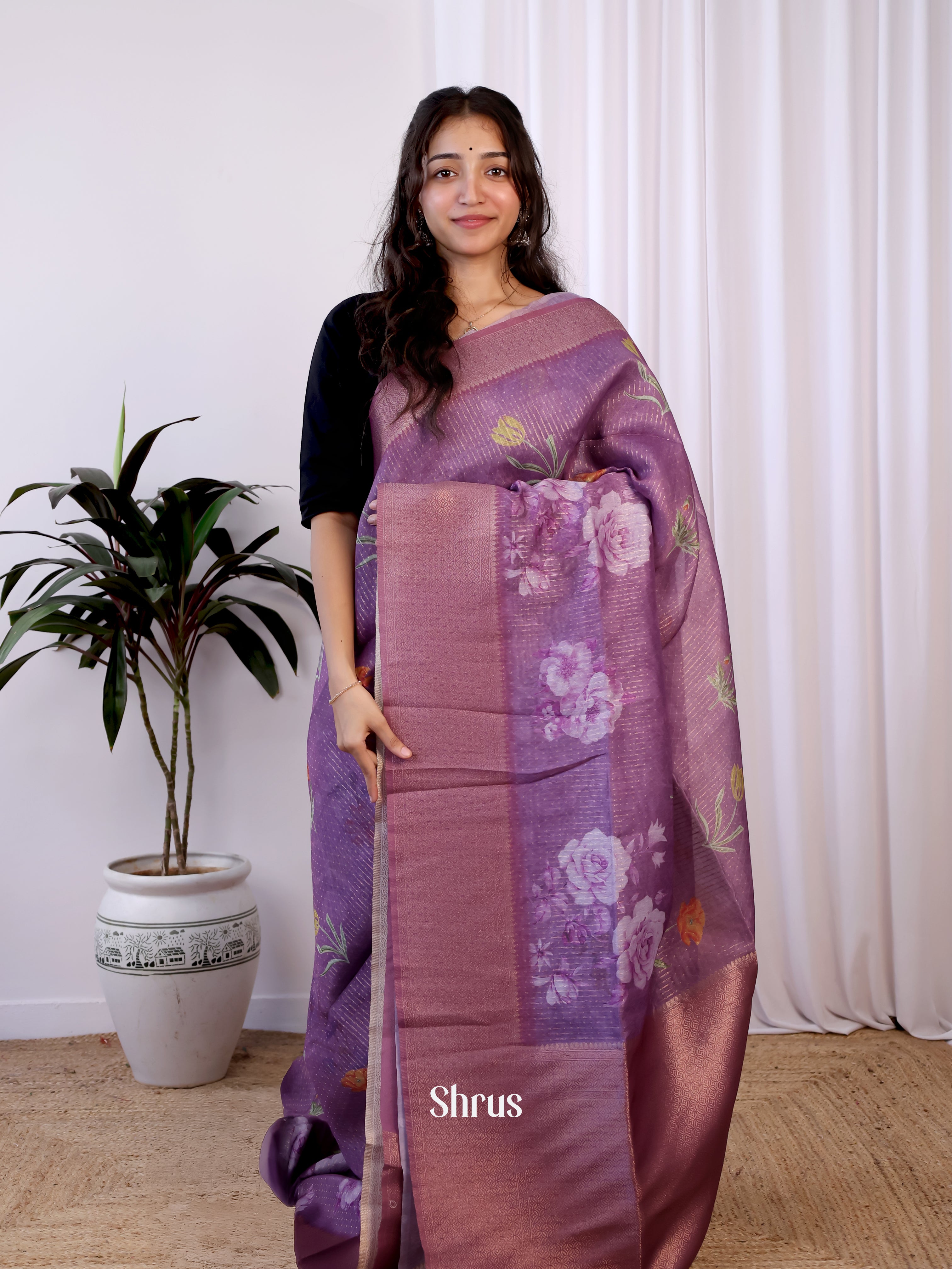 Purple - Semi Jute Saree - Shop on Shrus.com