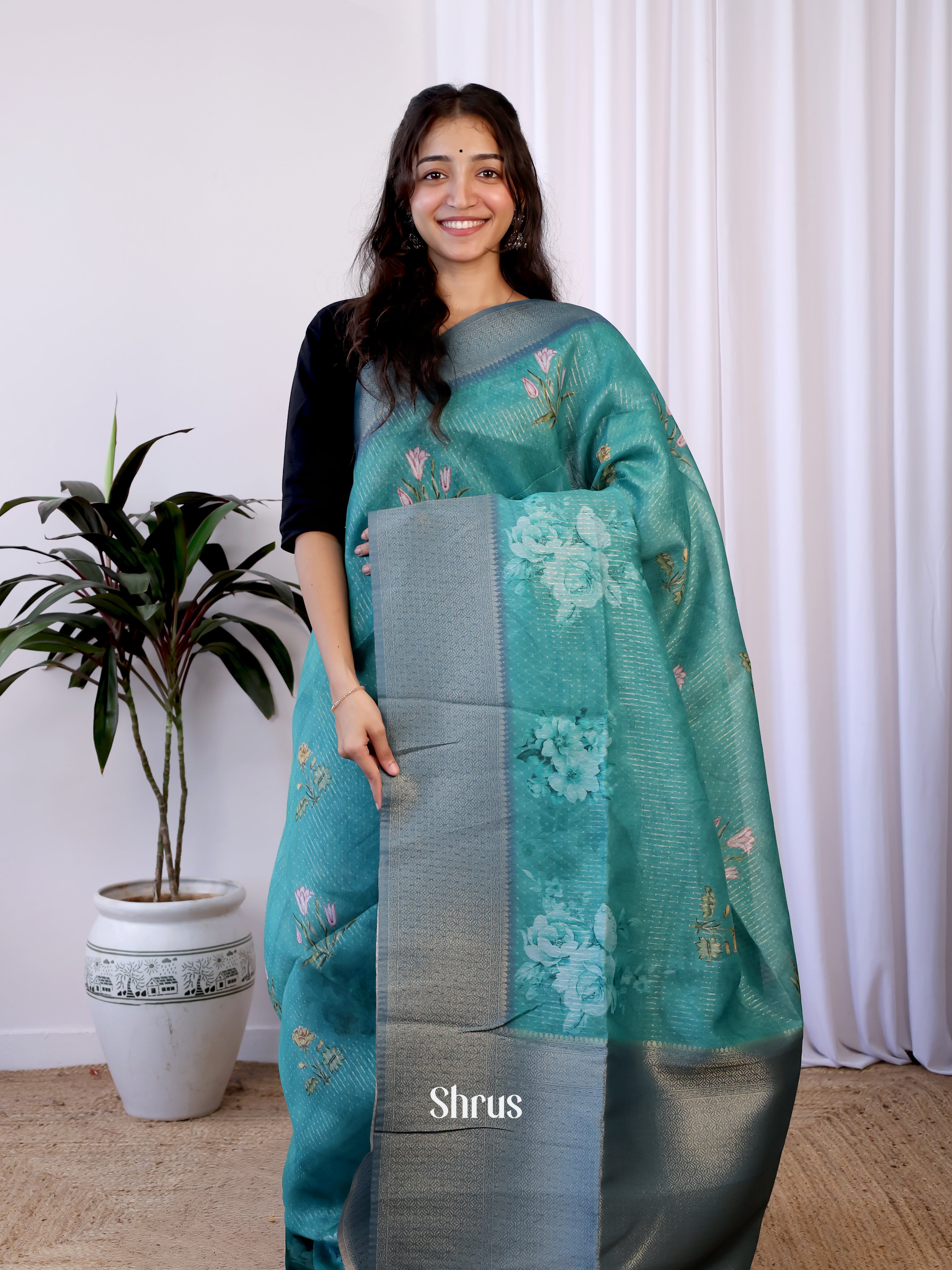 Teal & Blue - Semi Jute Saree - Shop on Shrus.com