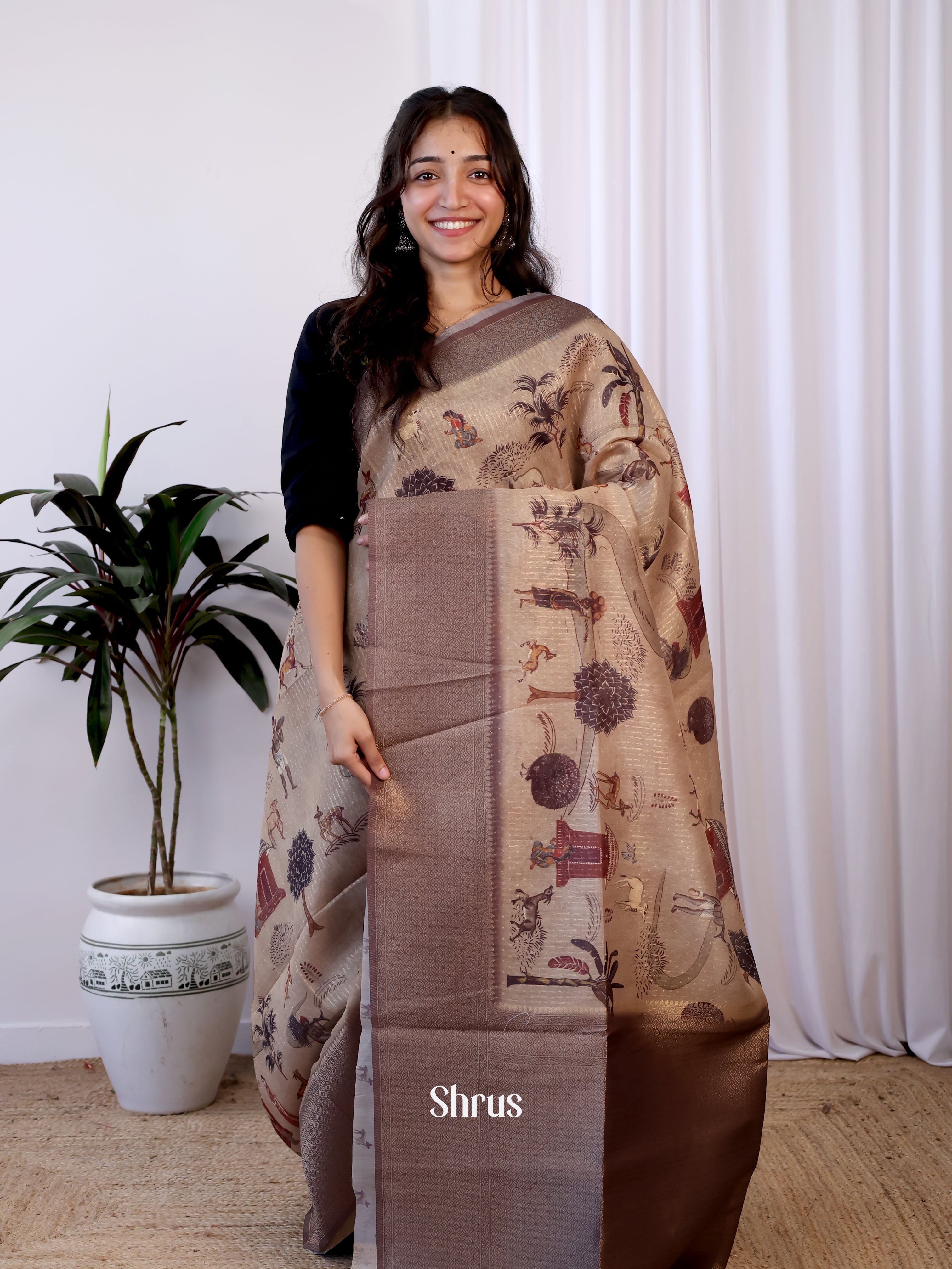 Lite Brown & Brown - Semi Jute Saree - Shop on Shrus.com