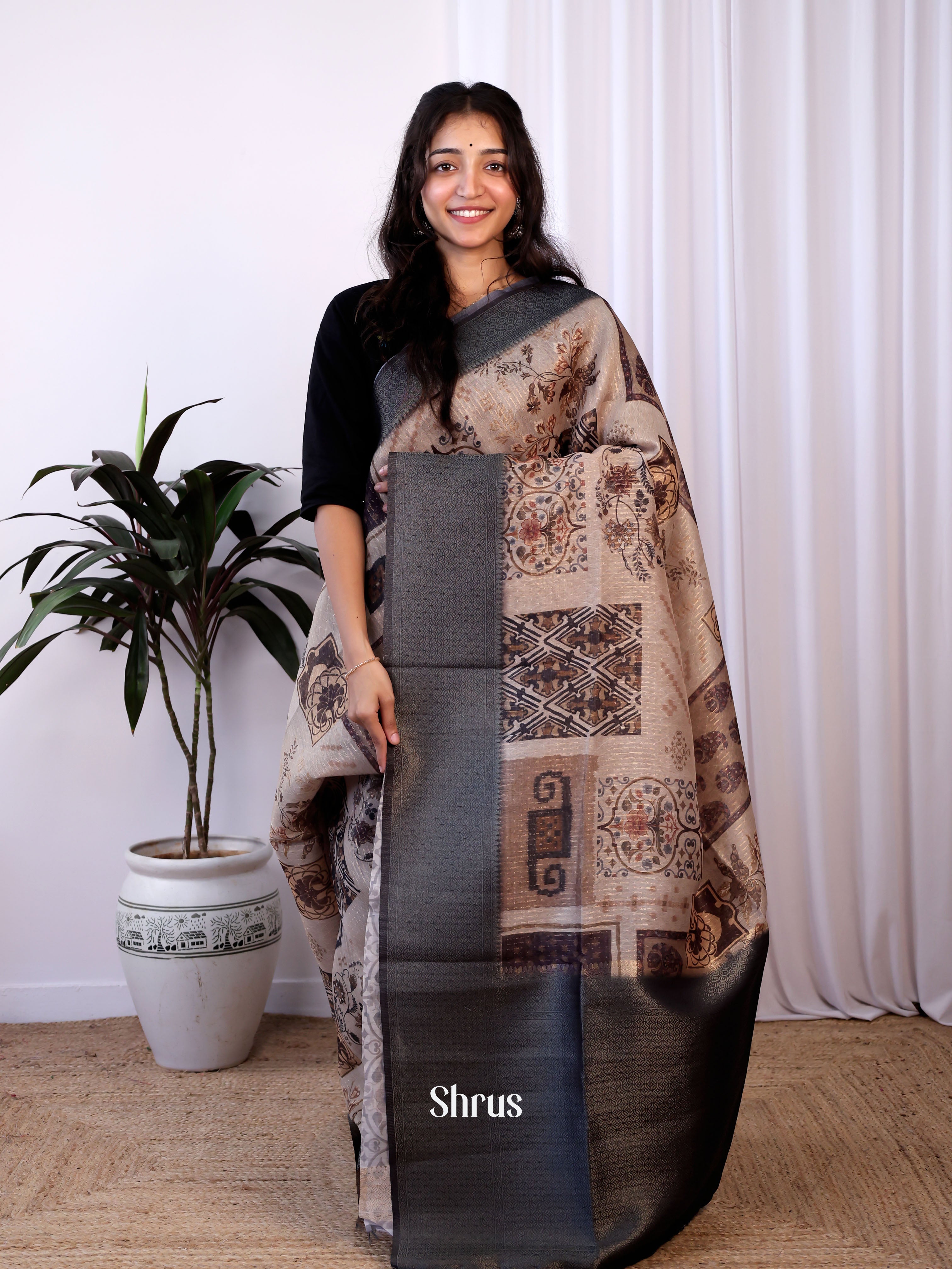 Lite Brown -Semi Jute Saree - Shop on Shrus.com