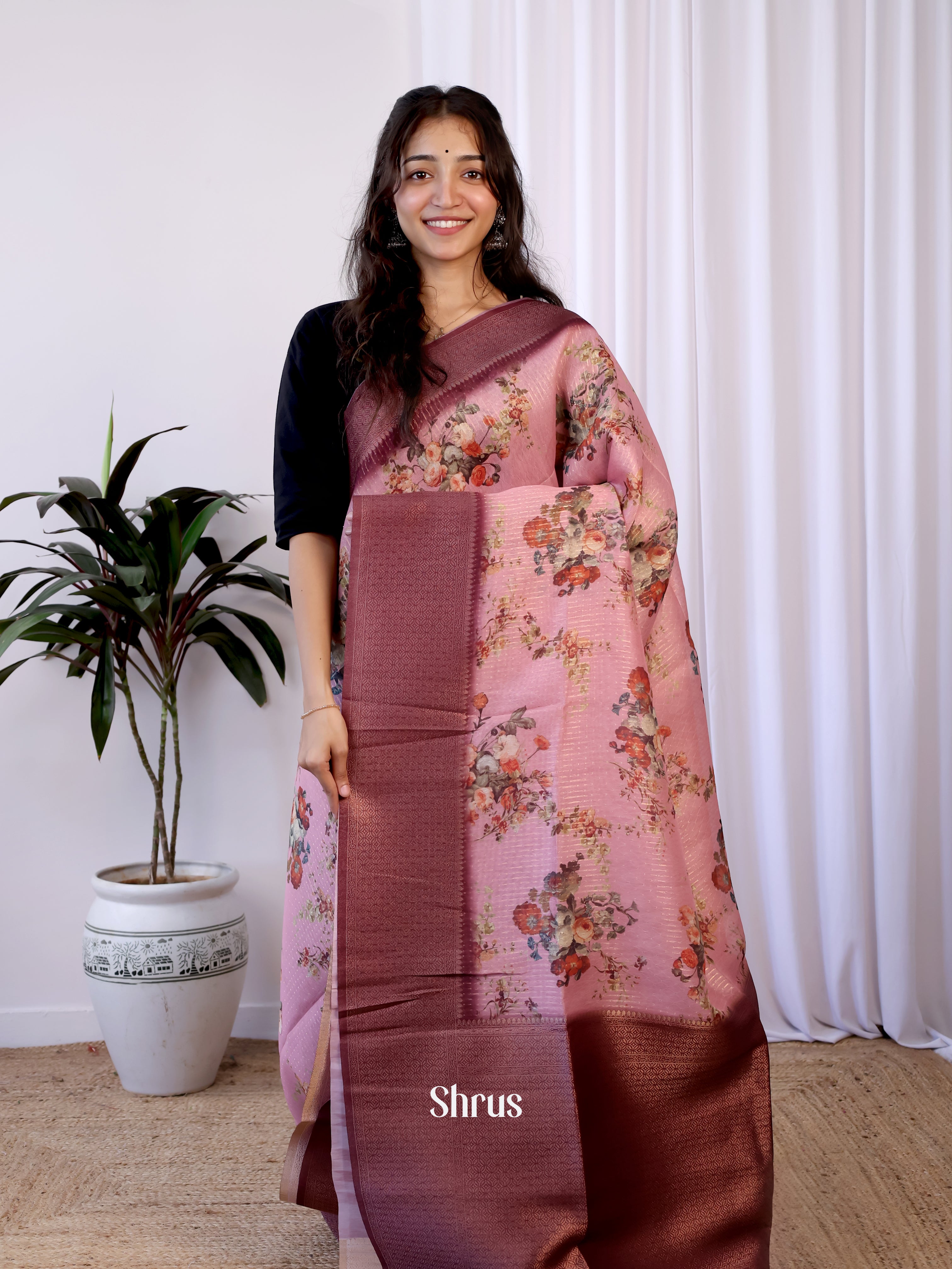 Pink & Purple - Semi Jute Saree - Shop on Shrus.com