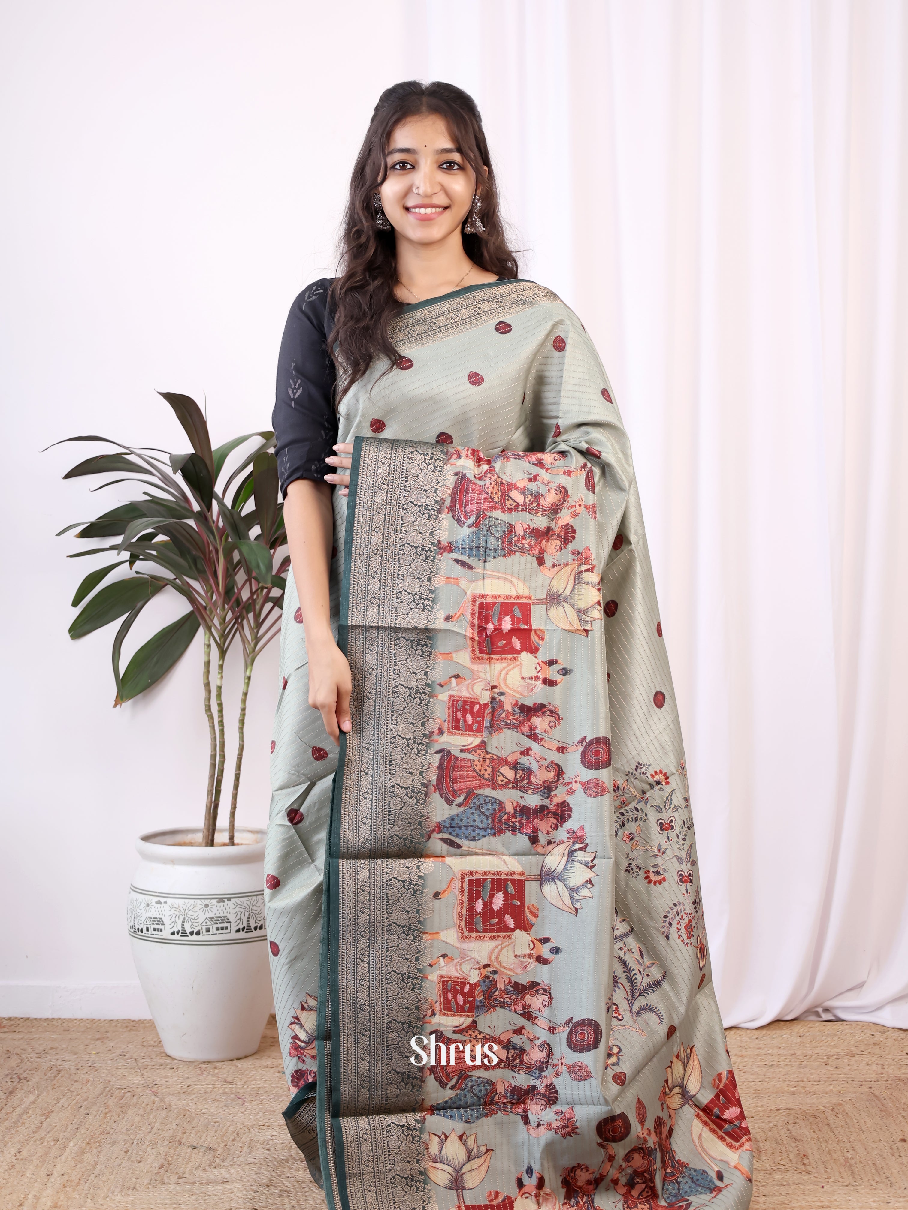 Grey & Green - Semi Dola silk Saree - Shop on Shrus.com