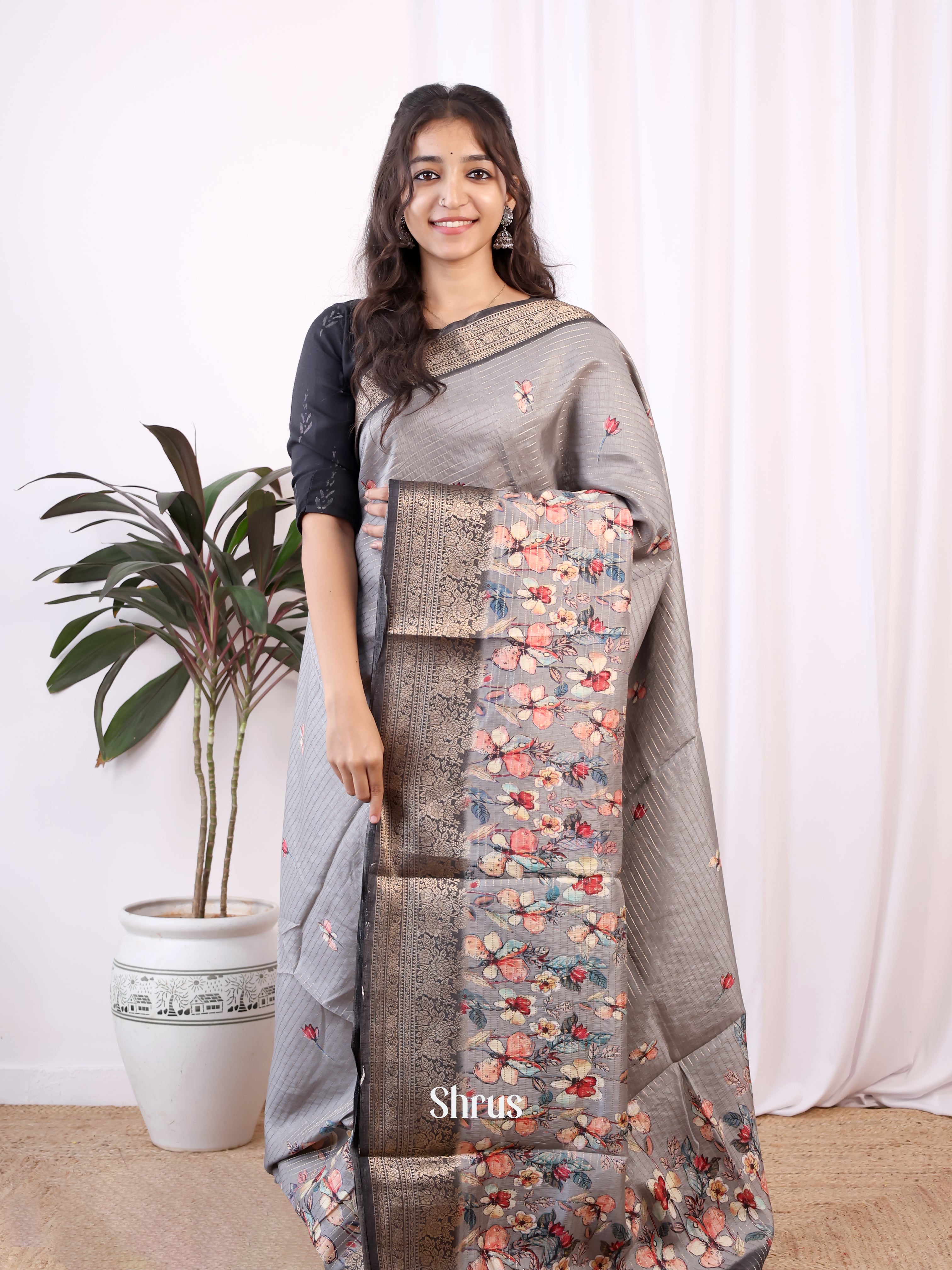 Grey & Black - Semi Dola silk Saree - Shop on Shrus.com