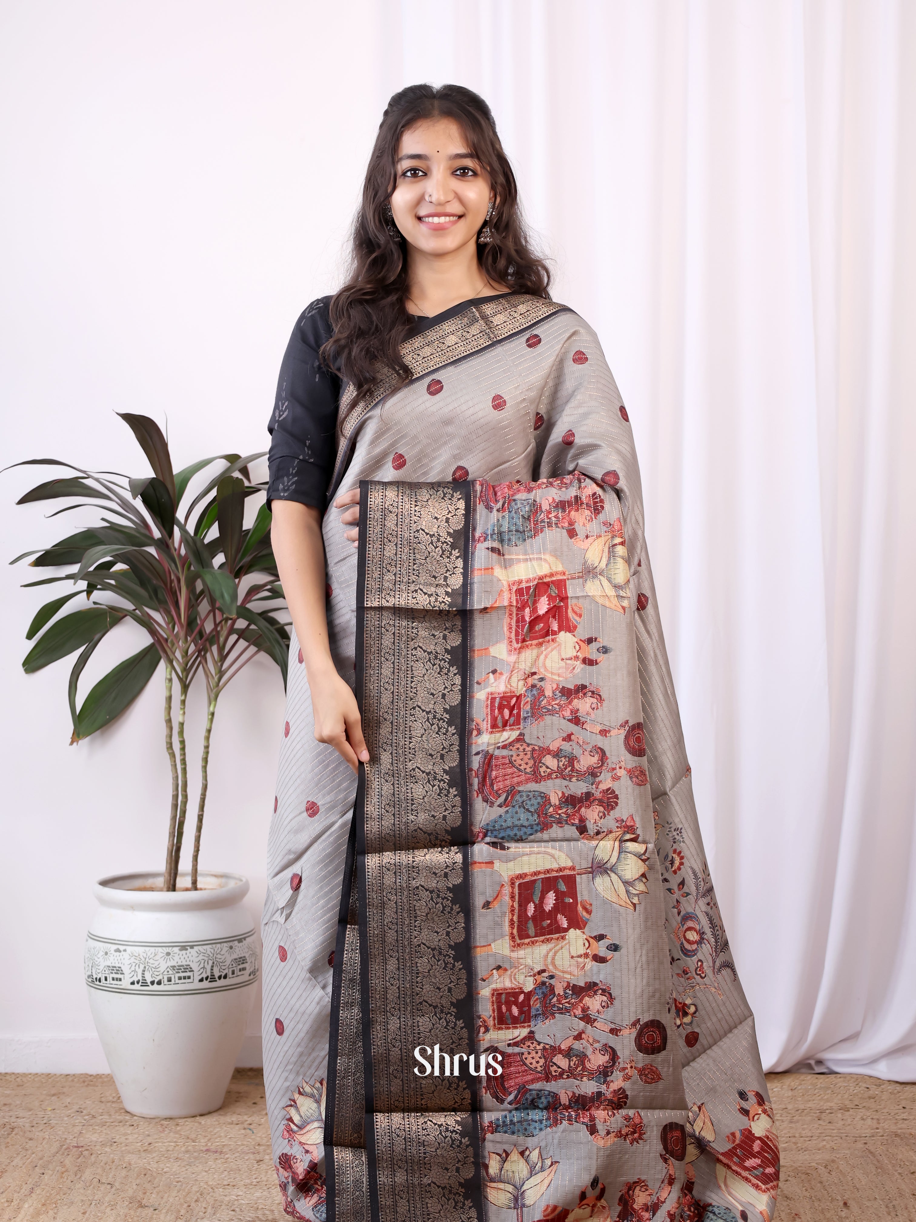 Grey & Black - Semi Dola silk Saree - Shop on Shrus.com