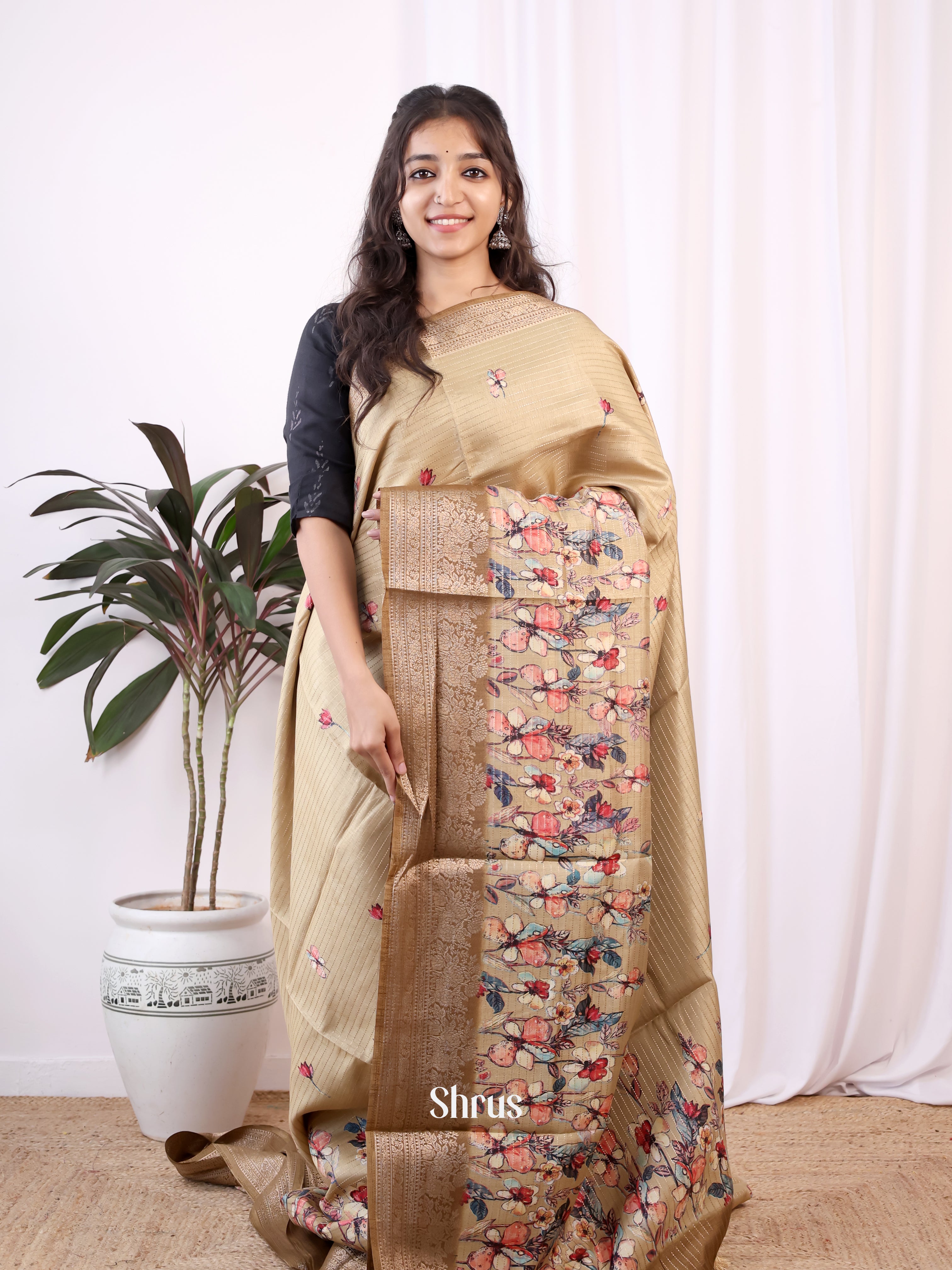 Beige & Brown- Semi Dola silk Saree - Shop on Shrus.com