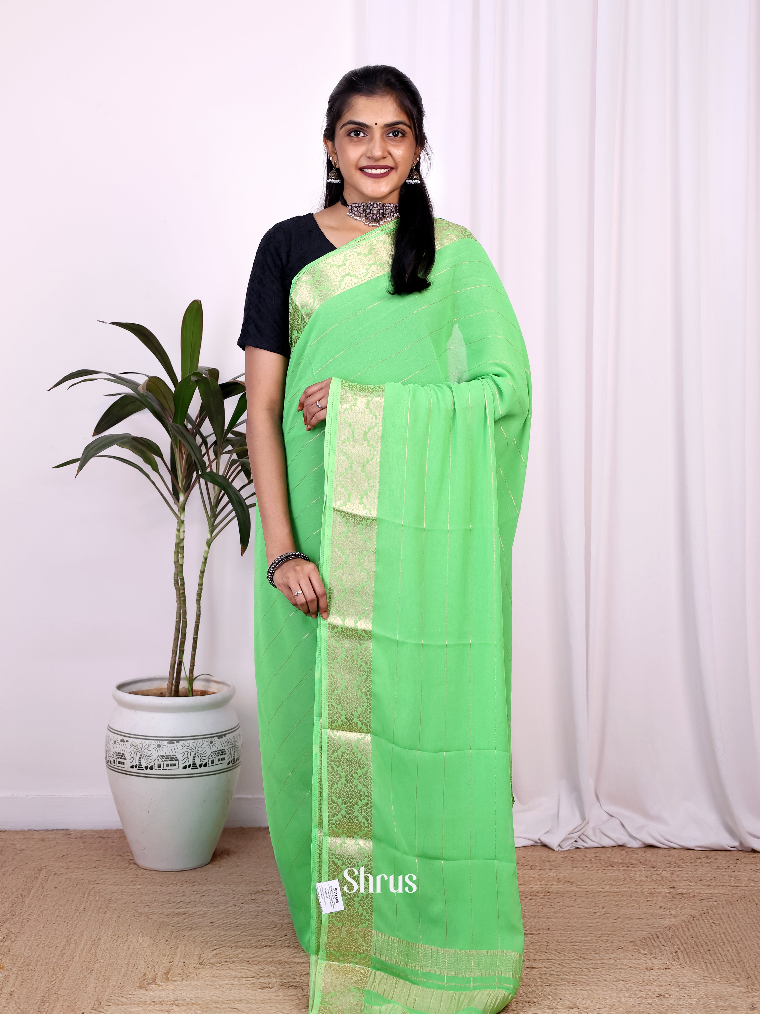 Pista Green- Semi Mysoresilk Saree - Shop on Shrus.com