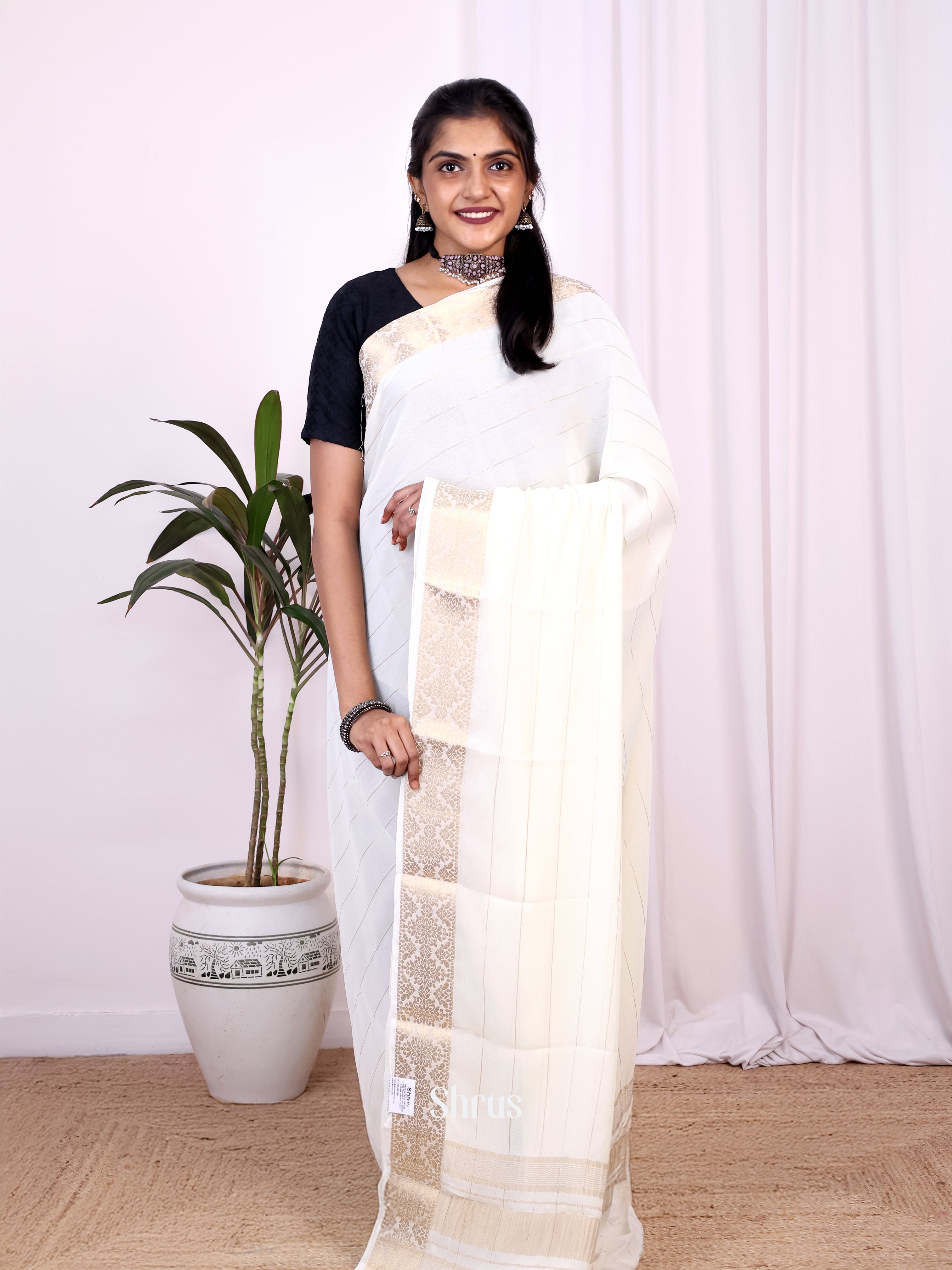 Cream - Semi Mysoresilk Saree - Shop on Shrus.com