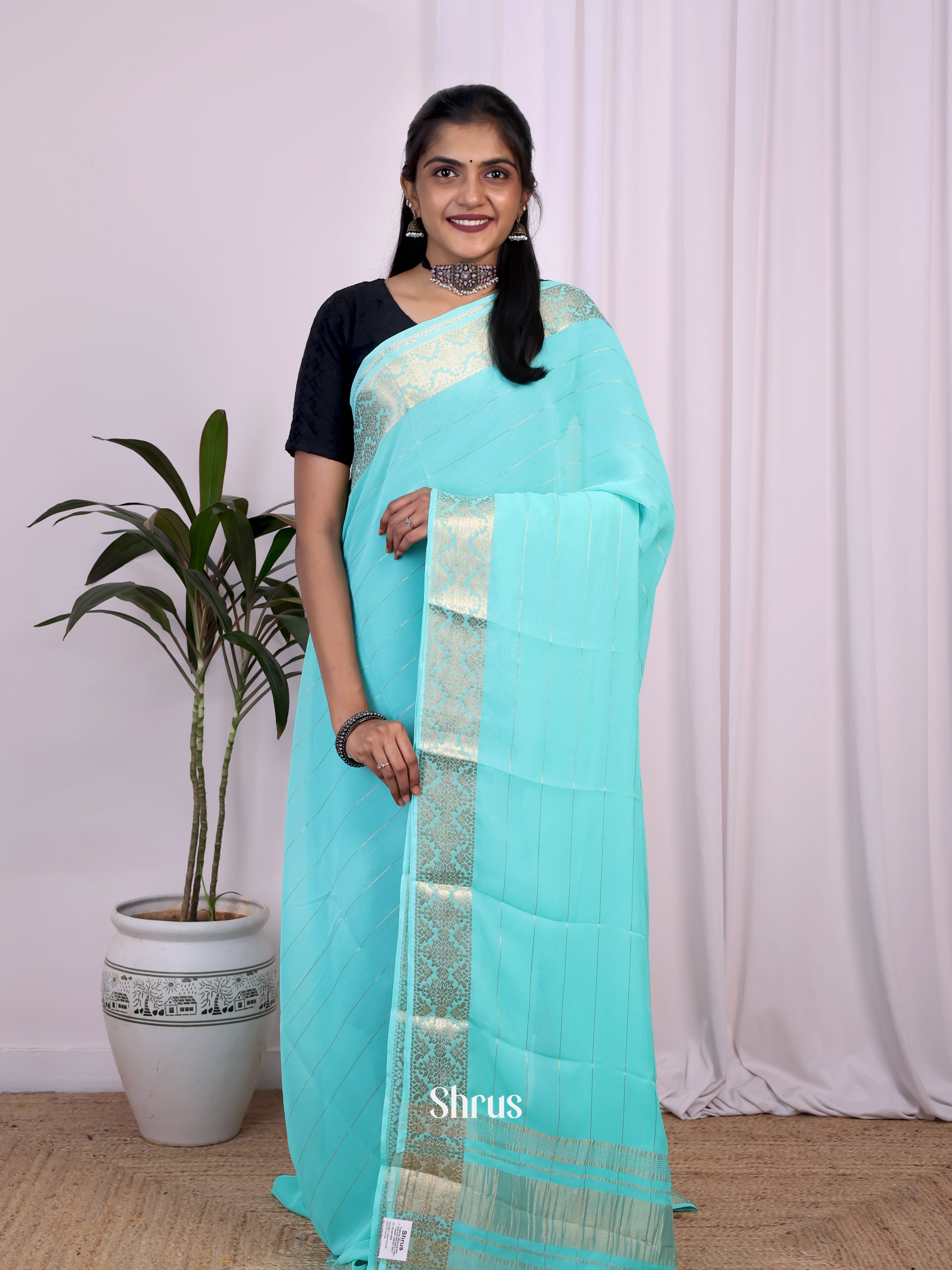 Teal Green - Semi Mysoresilk Saree - Shop on Shrus.com