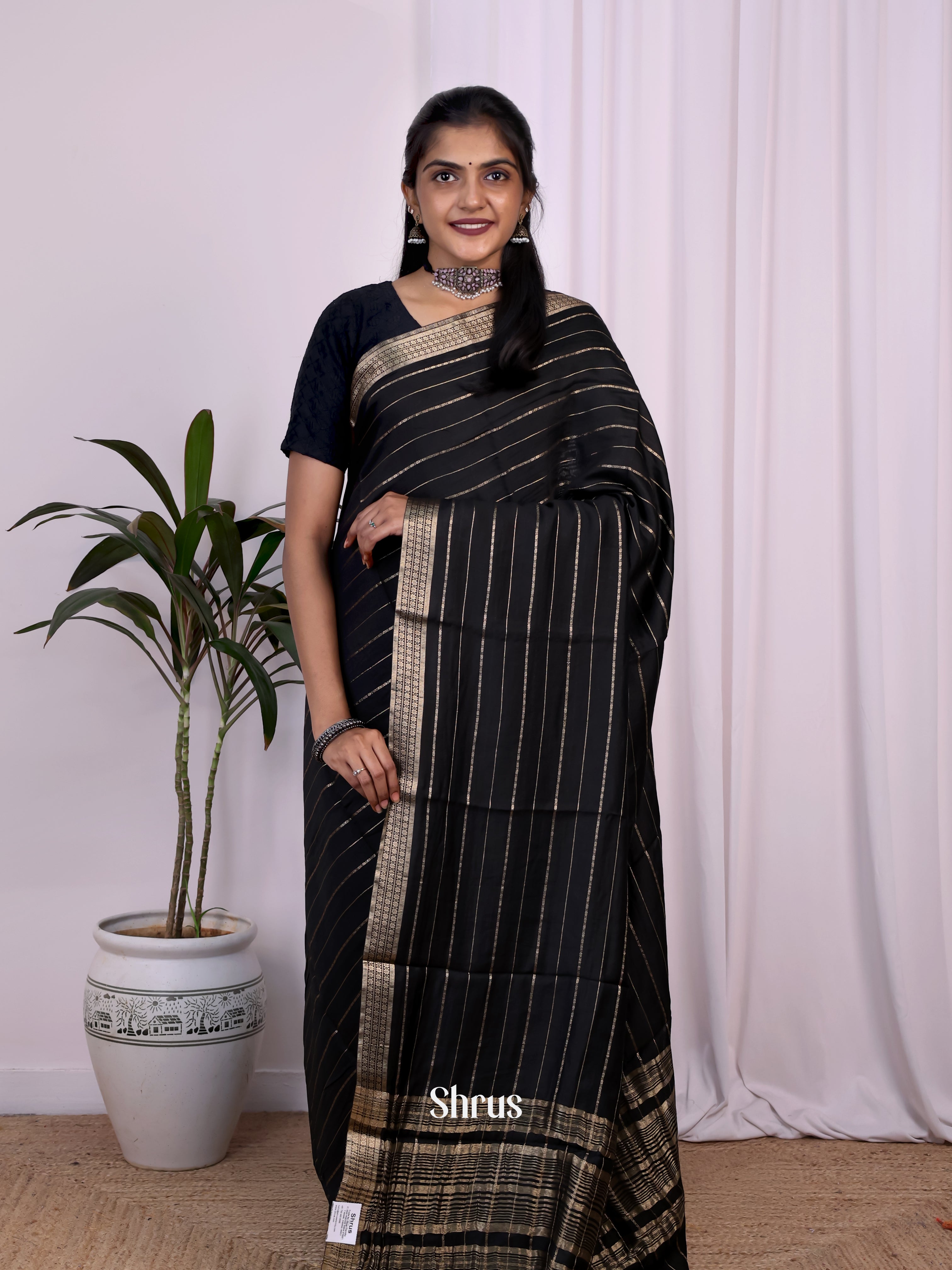 Black - Semi Mysoresilk Saree - Shop on Shrus.com