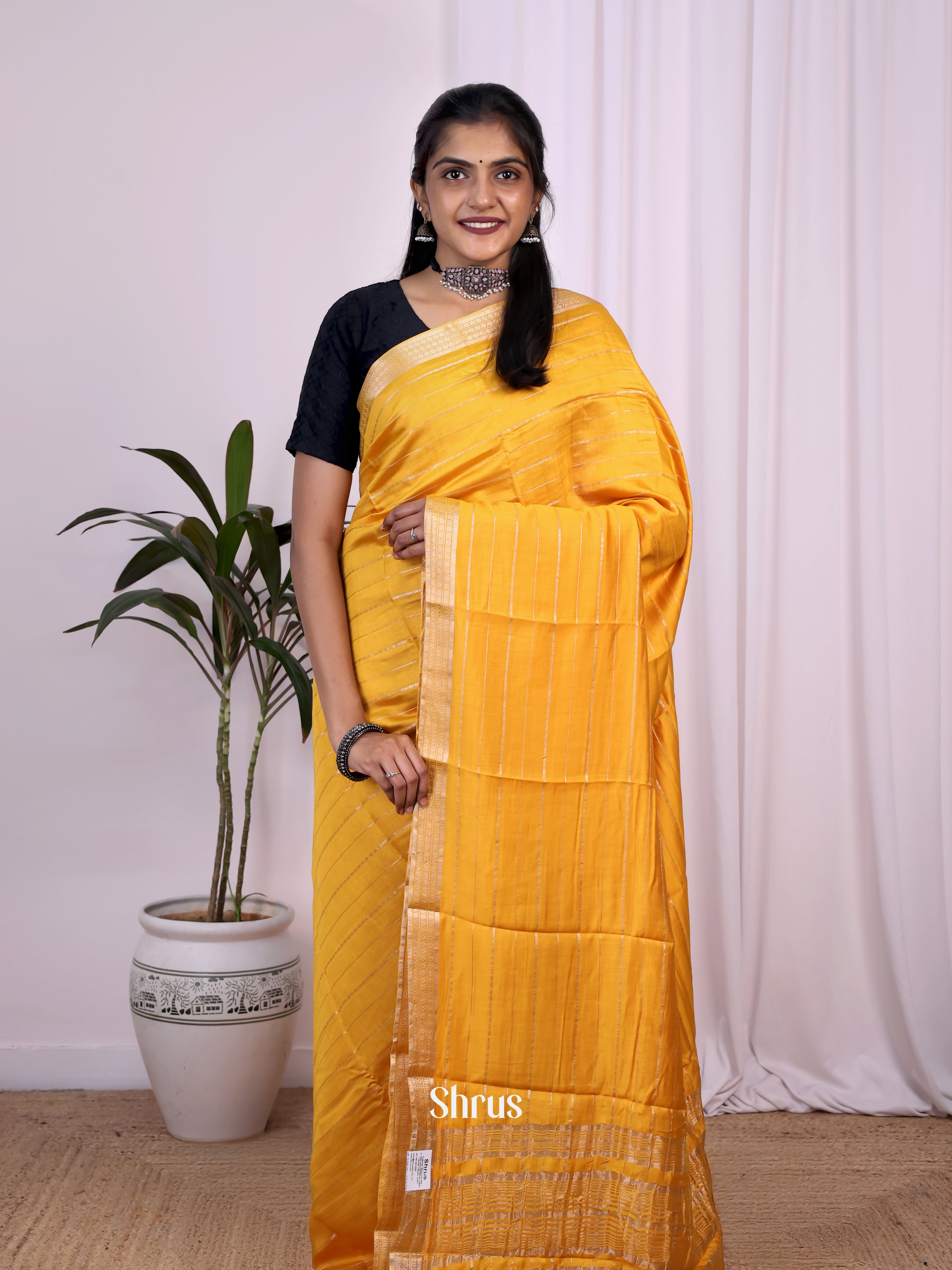 Yellow- Semi Mysoresilk Saree - Shop on Shrus.com