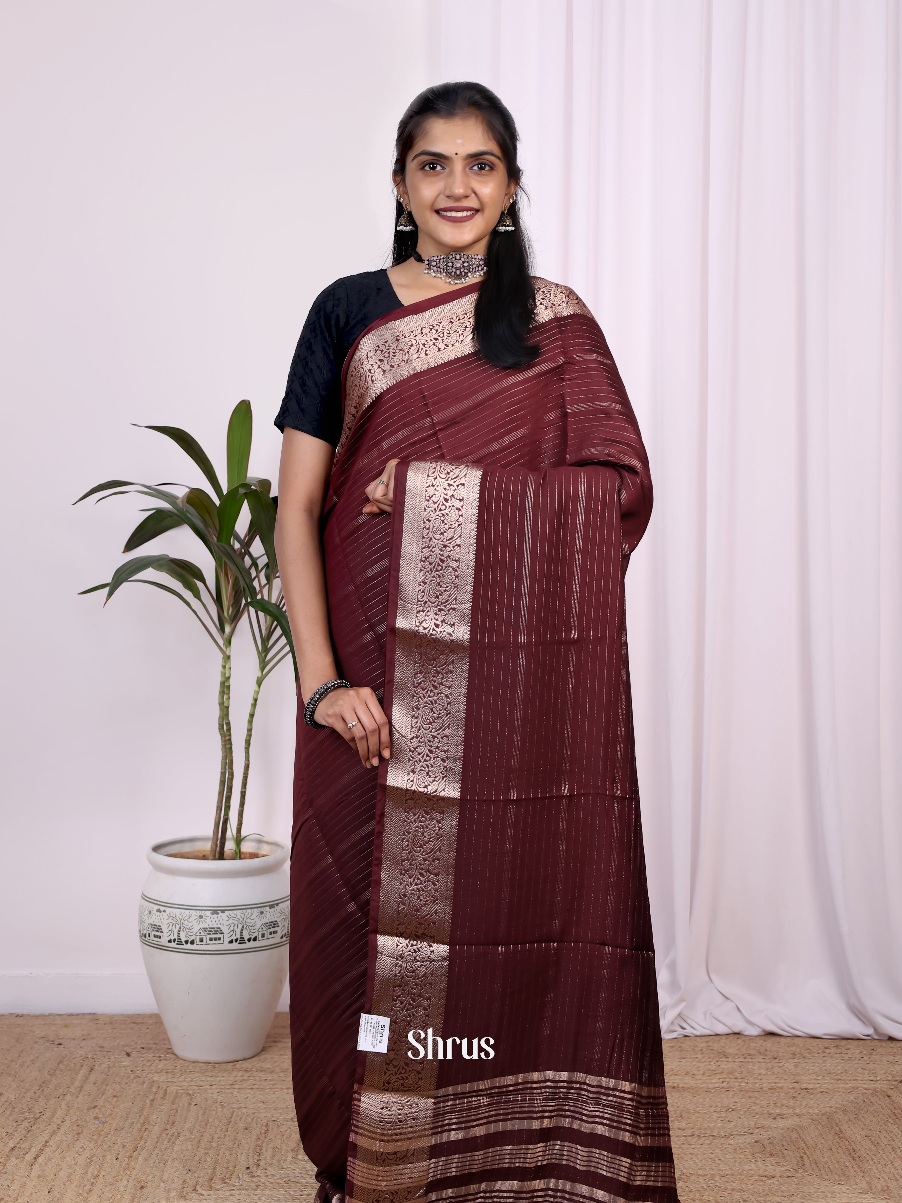 Brown - Semi Mysoresilk Saree - Shop on Shrus.com