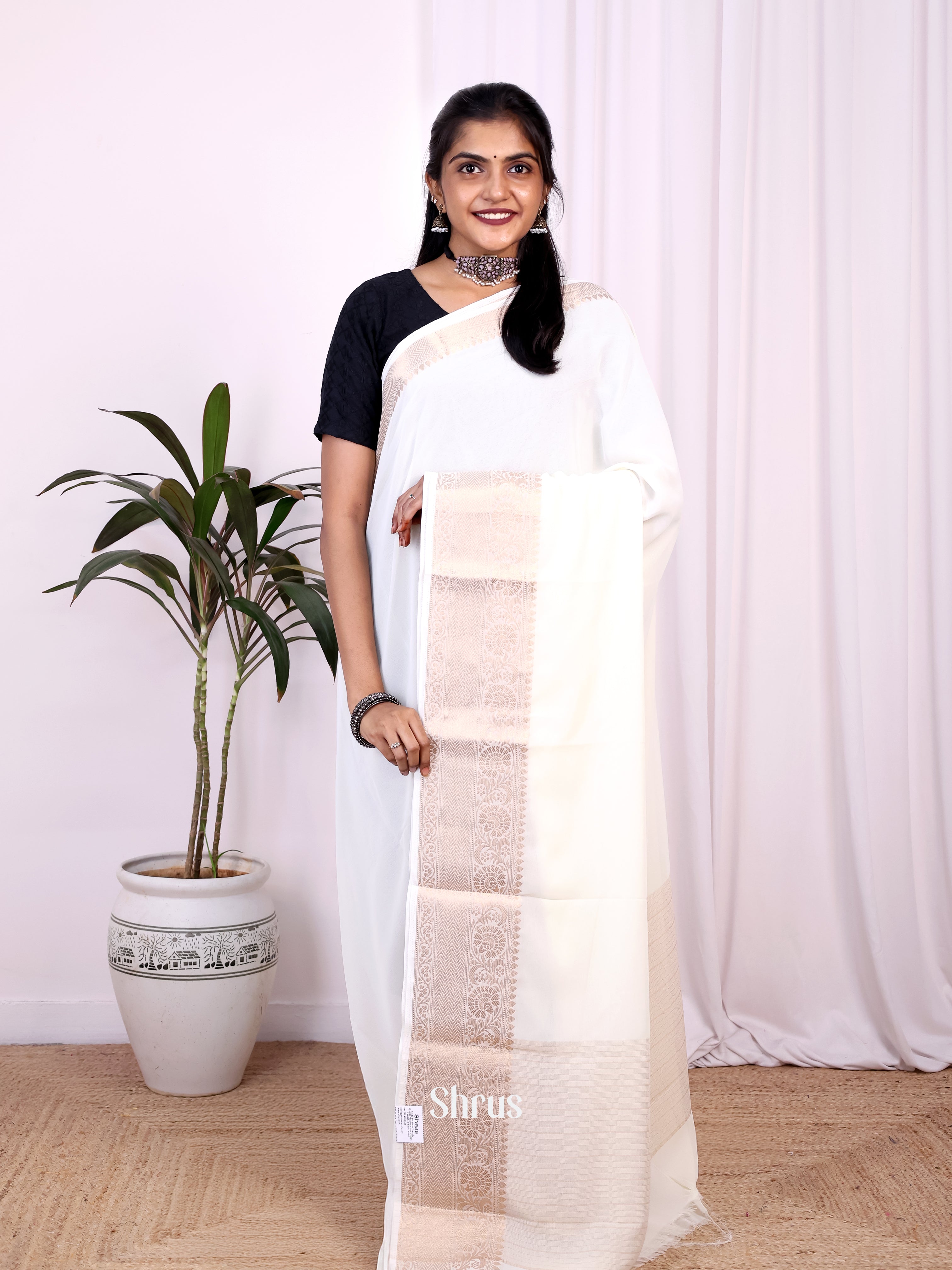 Cream - Semi Mysoresilk Saree - Shop on Shrus.com