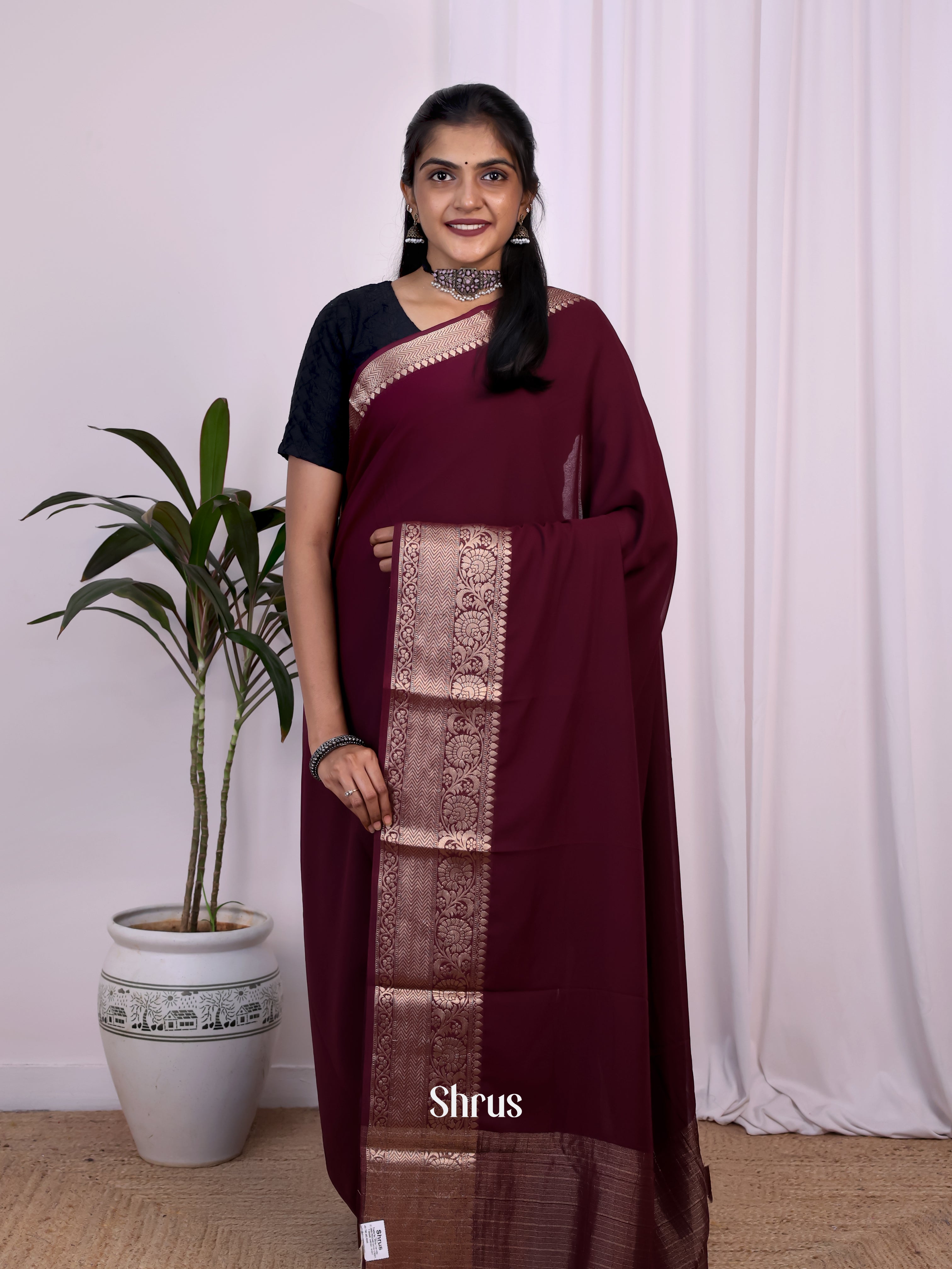 Maroon - Semi Mysoresilk Saree - Shop on Shrus.com