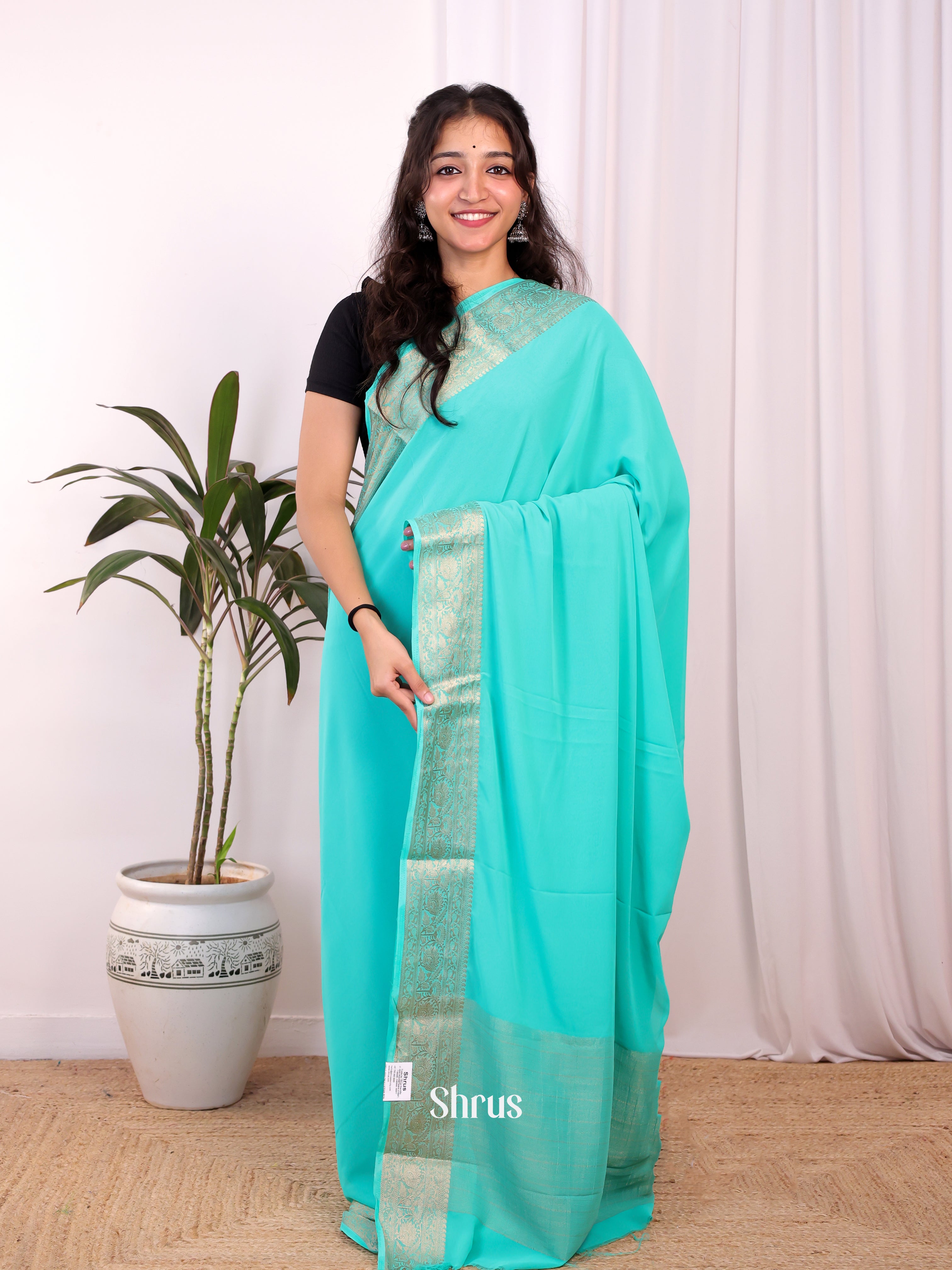 Teal - Semi Mysoresilk Saree - Shop on Shrus.com