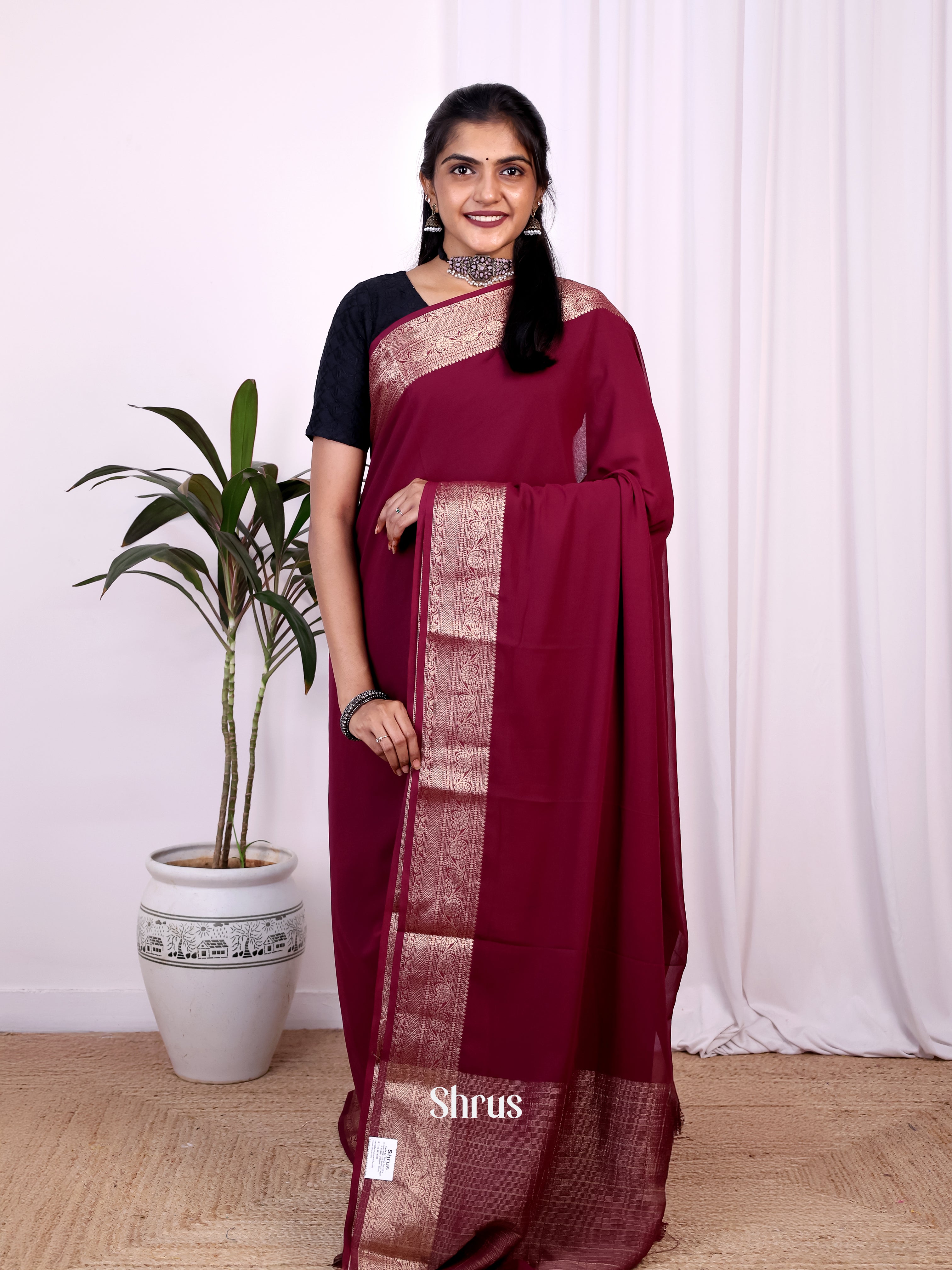 Maroon - Semi Mysoresilk Saree - Shop on Shrus.com