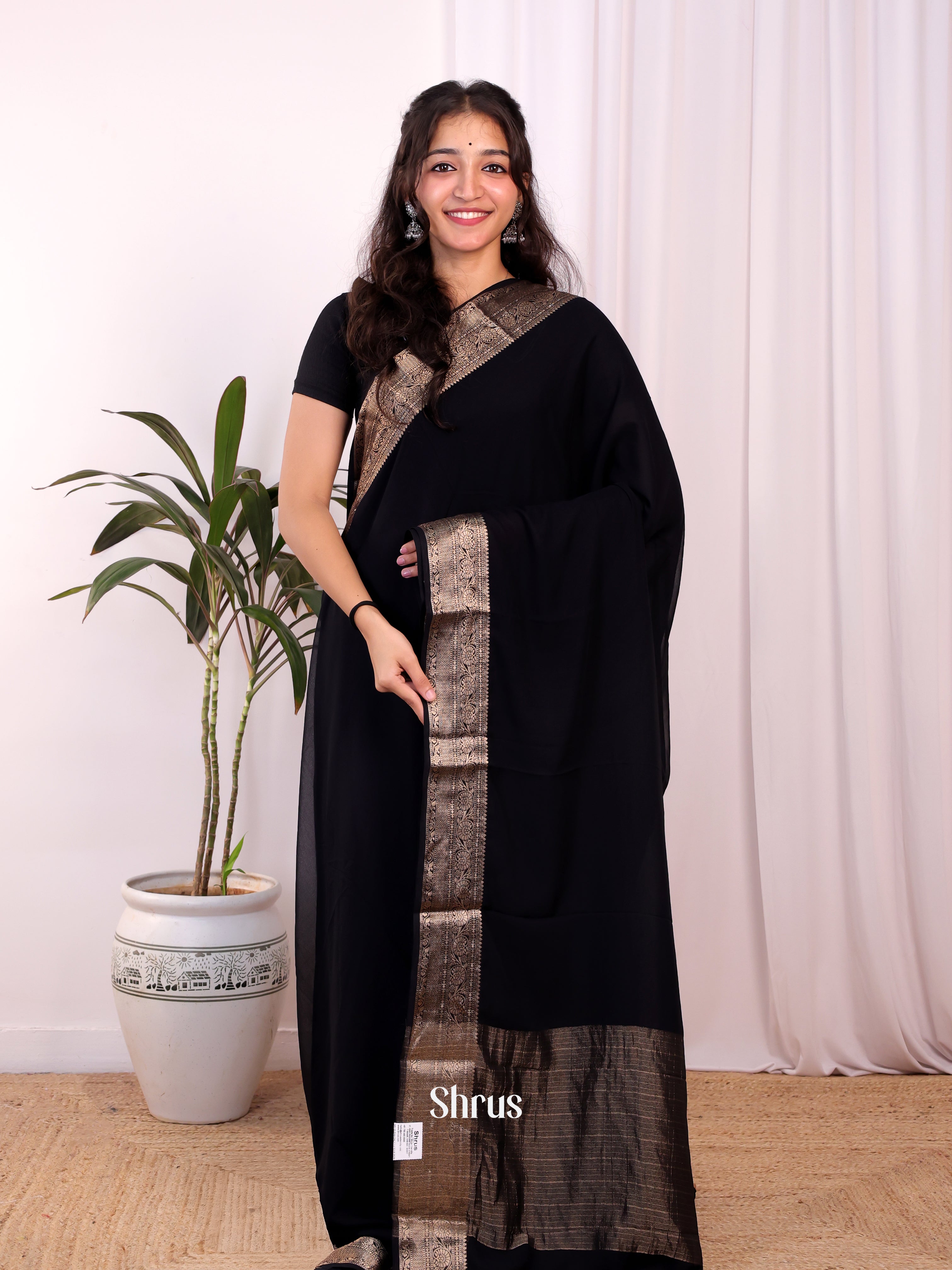 Black - Semi Mysoresilk Saree - Shop on Shrus.com