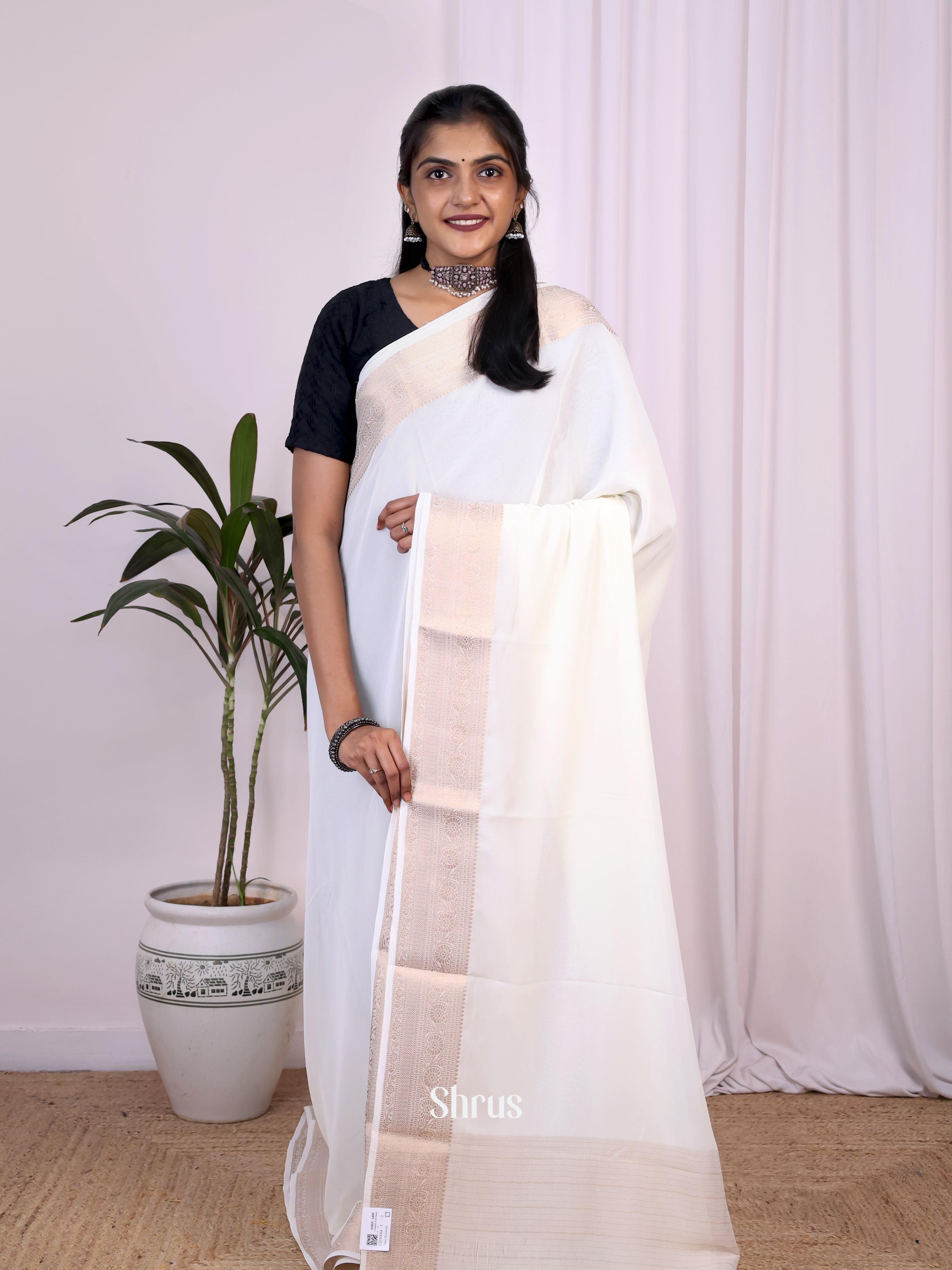 Cream - Semi Mysoresilk Saree - Shop on Shrus.com