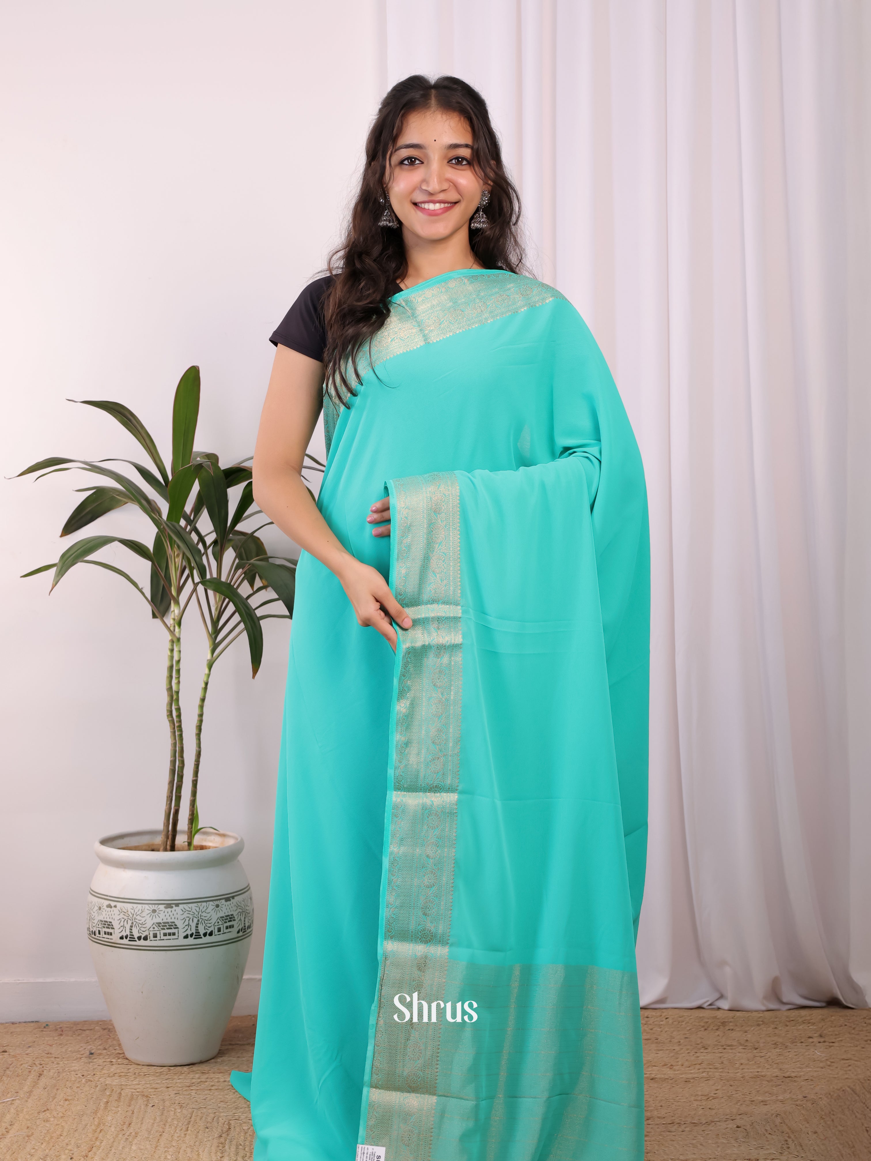 Teal- Semi Mysoresilk Saree - Shop on Shrus.com