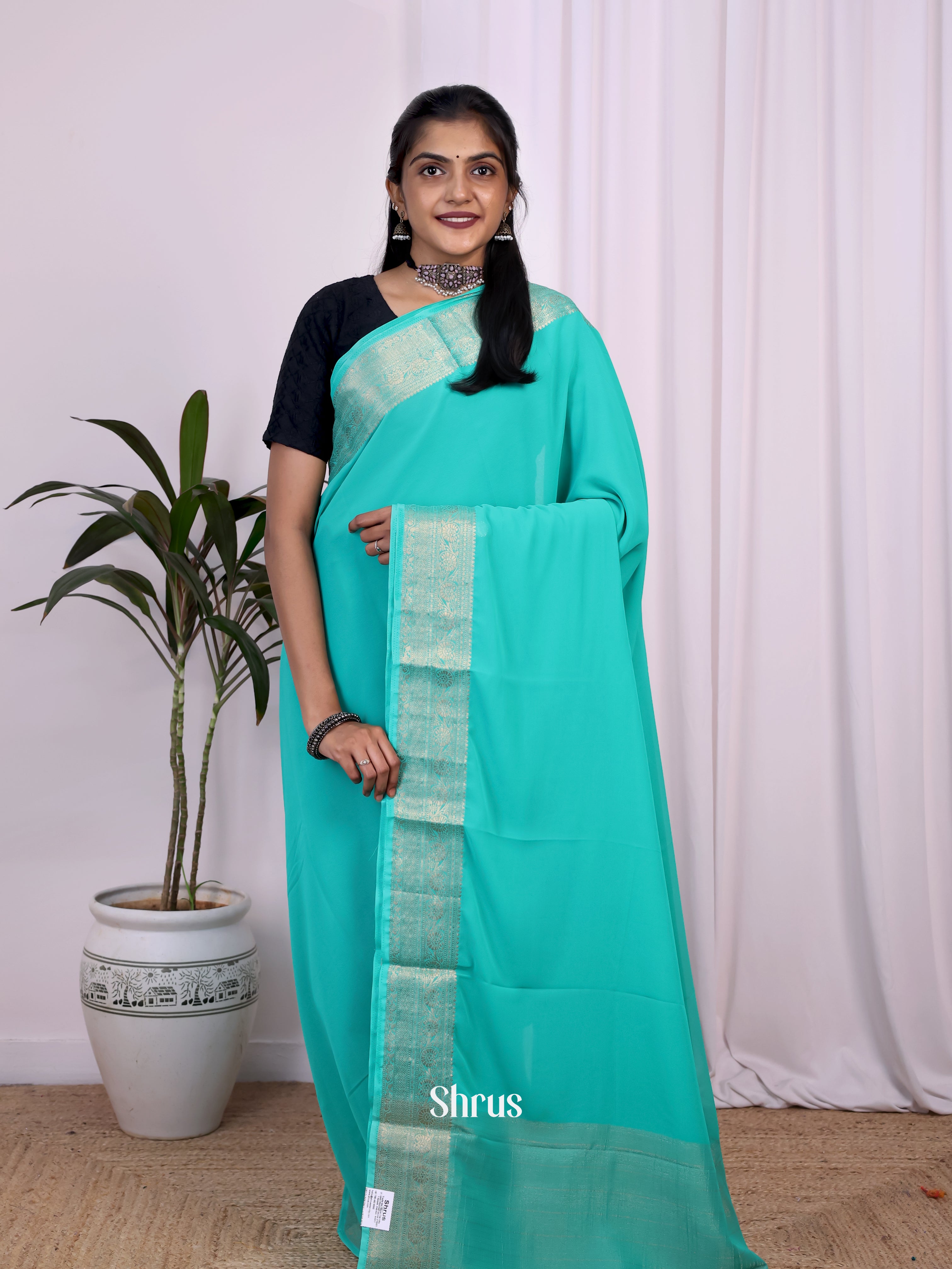 Teal - Semi Mysoresilk Saree - Shop on Shrus.com