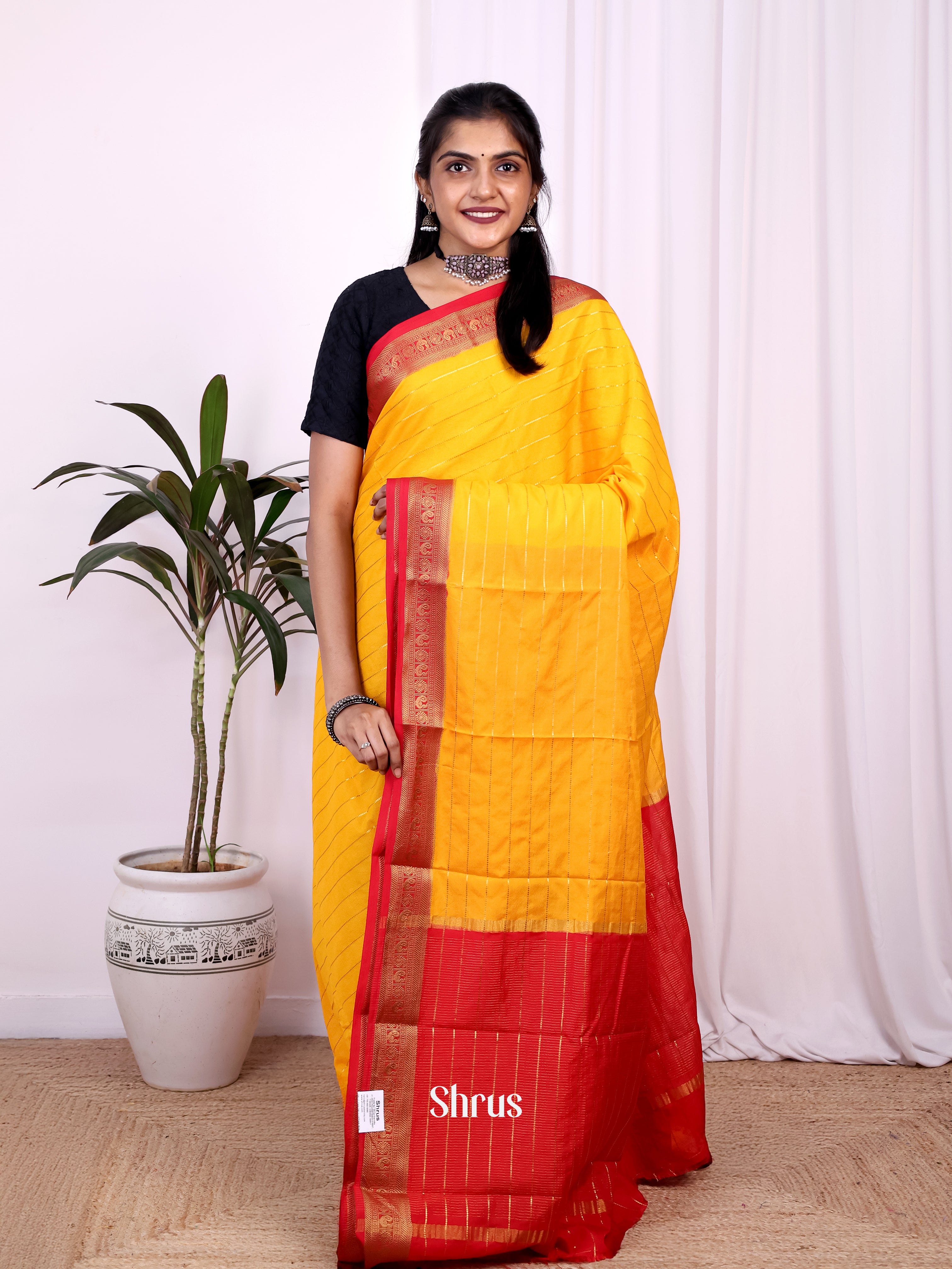 Yellow & Red - Semi Mysoresilk Saree - Shop on Shrus.com