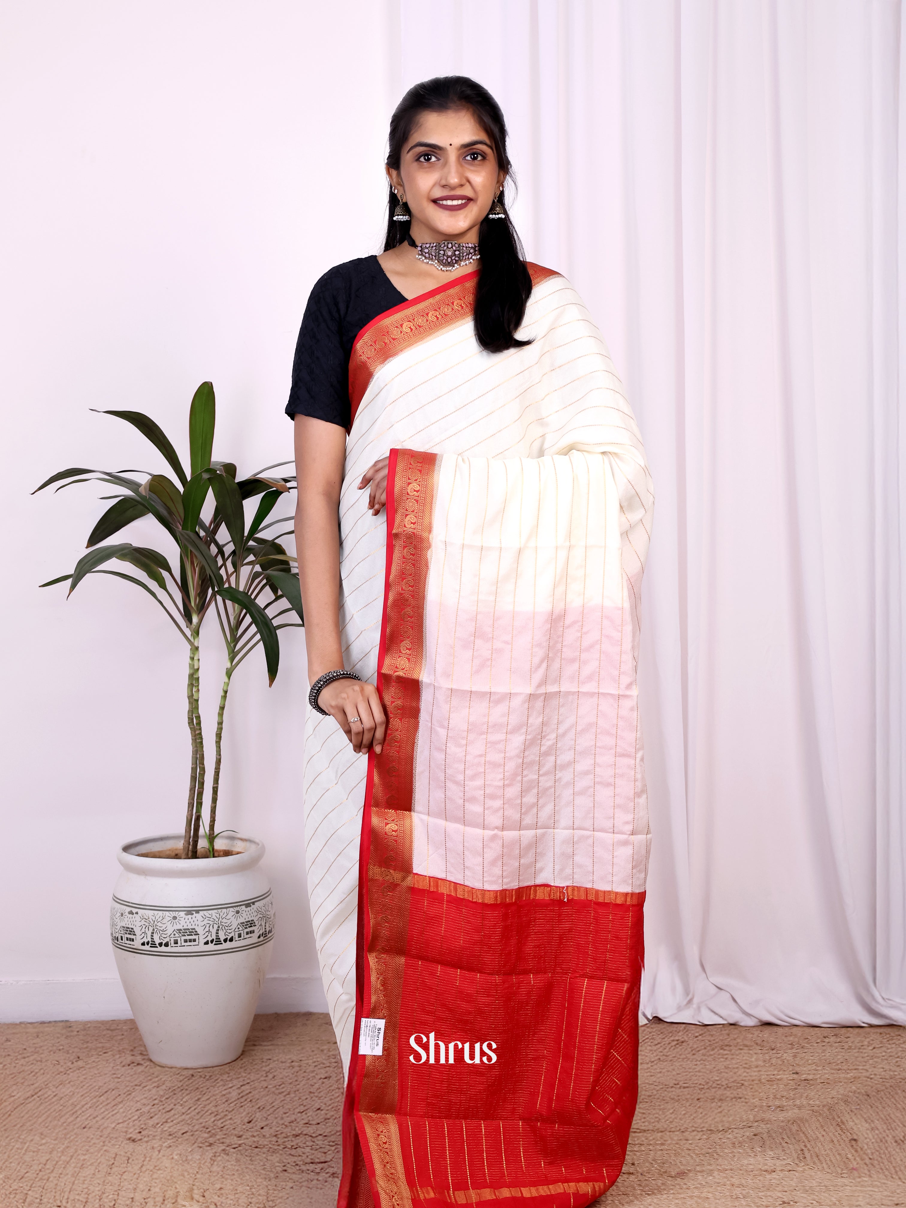 Cream & Red- Semi Mysoresilk Saree - Shop on Shrus.com