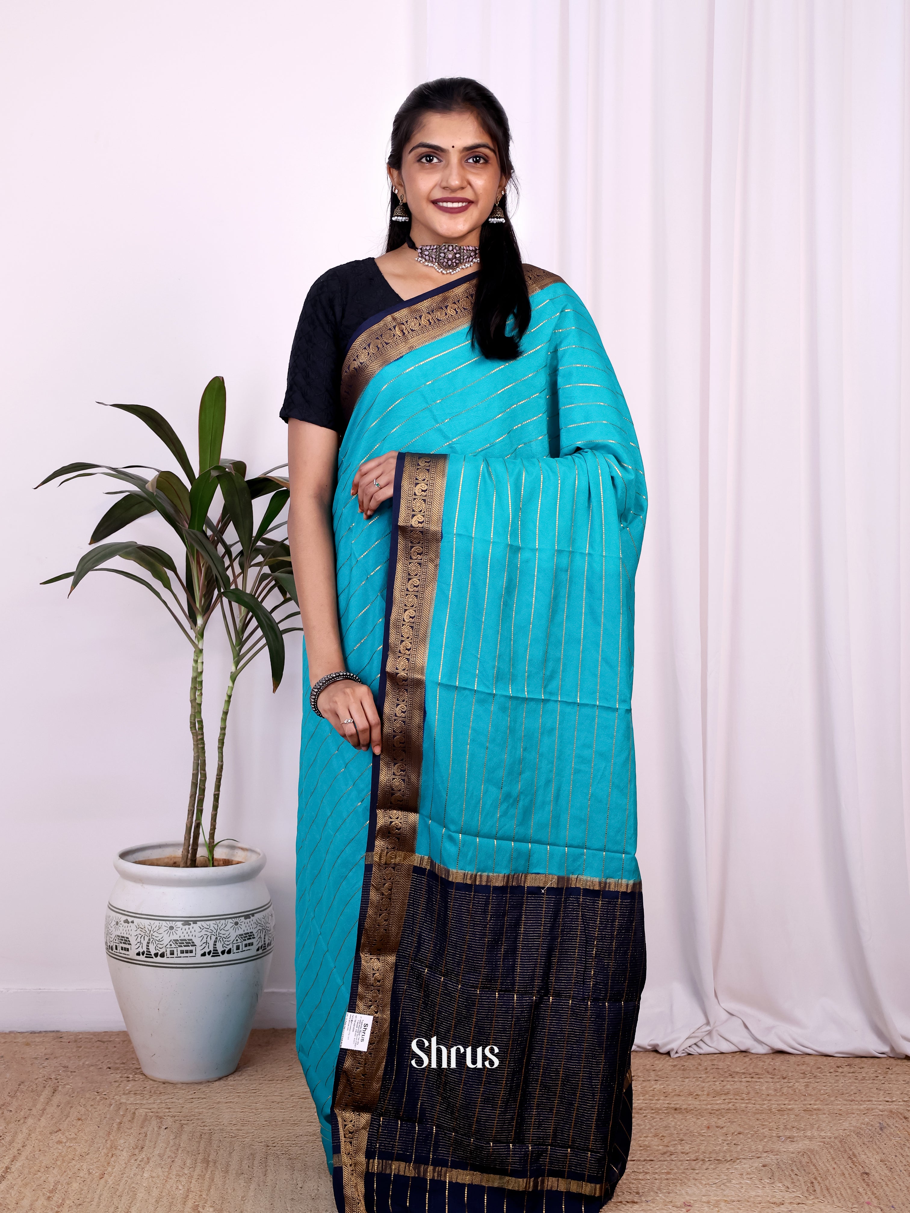 Teal & Blue - Semi Mysoresilk Saree - Shop on Shrus.com