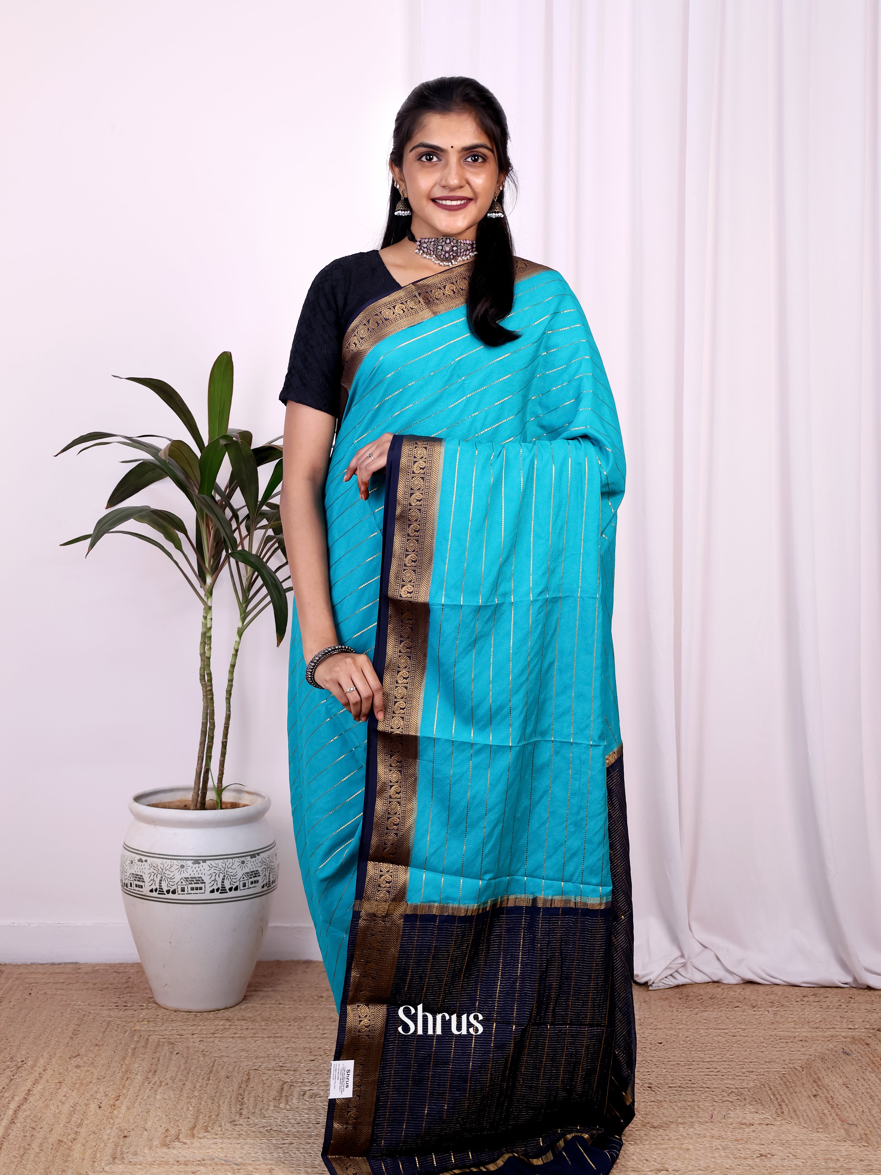 Teal & Blue- Semi Mysoresilk Saree - Shop on Shrus.com