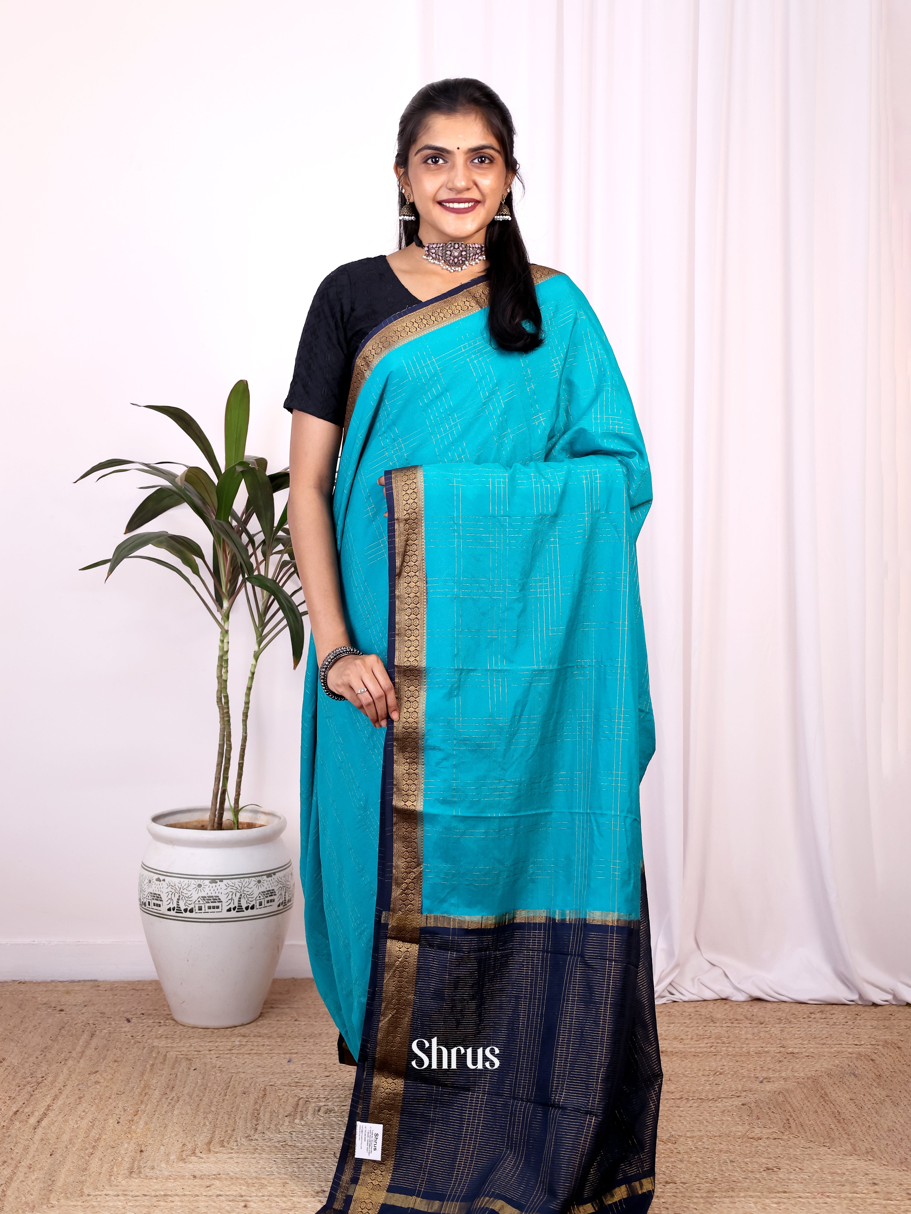 Teal & Blue - Semi Mysoresilk Saree - Shop on Shrus.com
