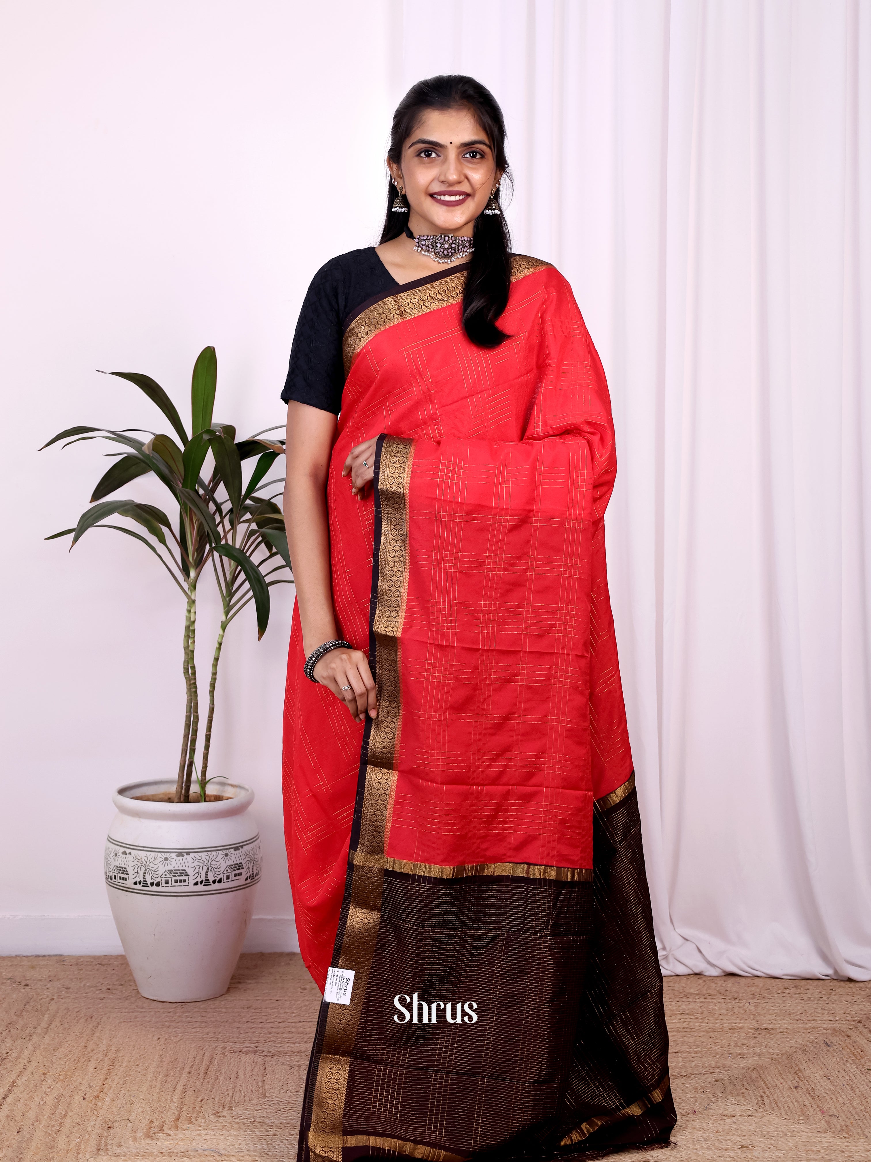 Red & Brown - Semi Mysoresilk Saree - Shop on Shrus.com