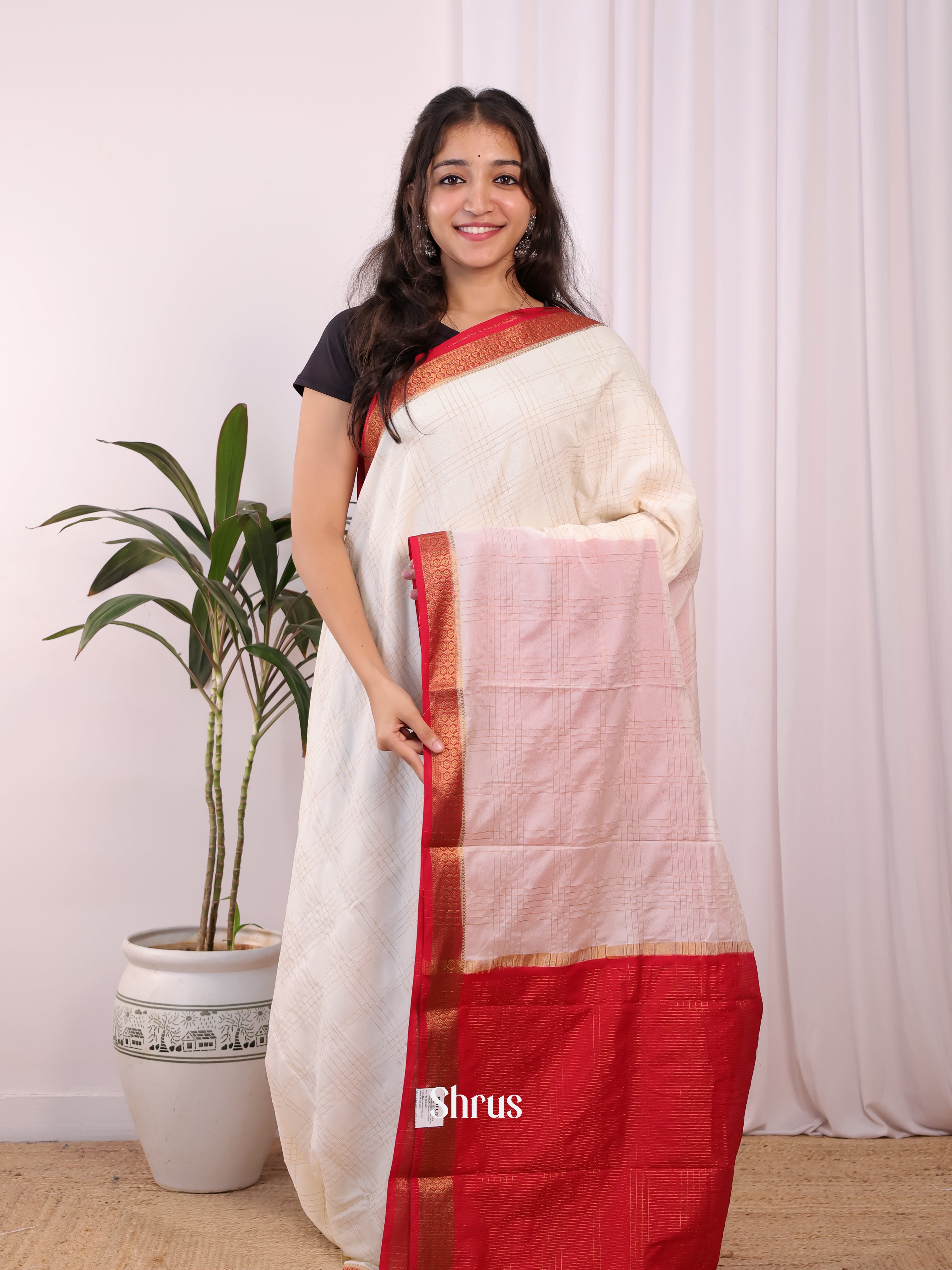 Cream & Red - Semi Mysoresilk Saree - Shop on Shrus.com