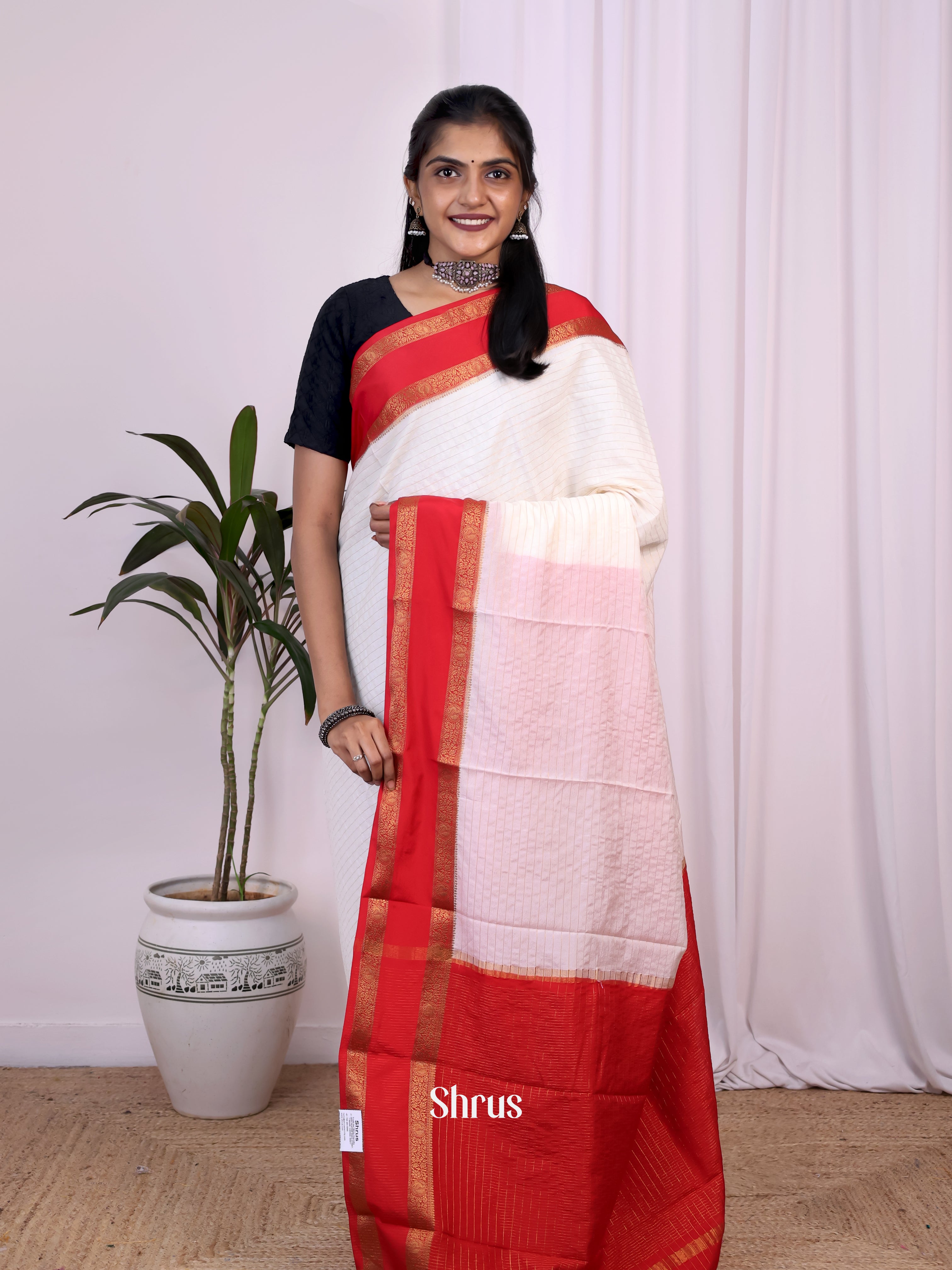 Cream & Red - Semi Mysoresilk Saree - Shop on Shrus.com
