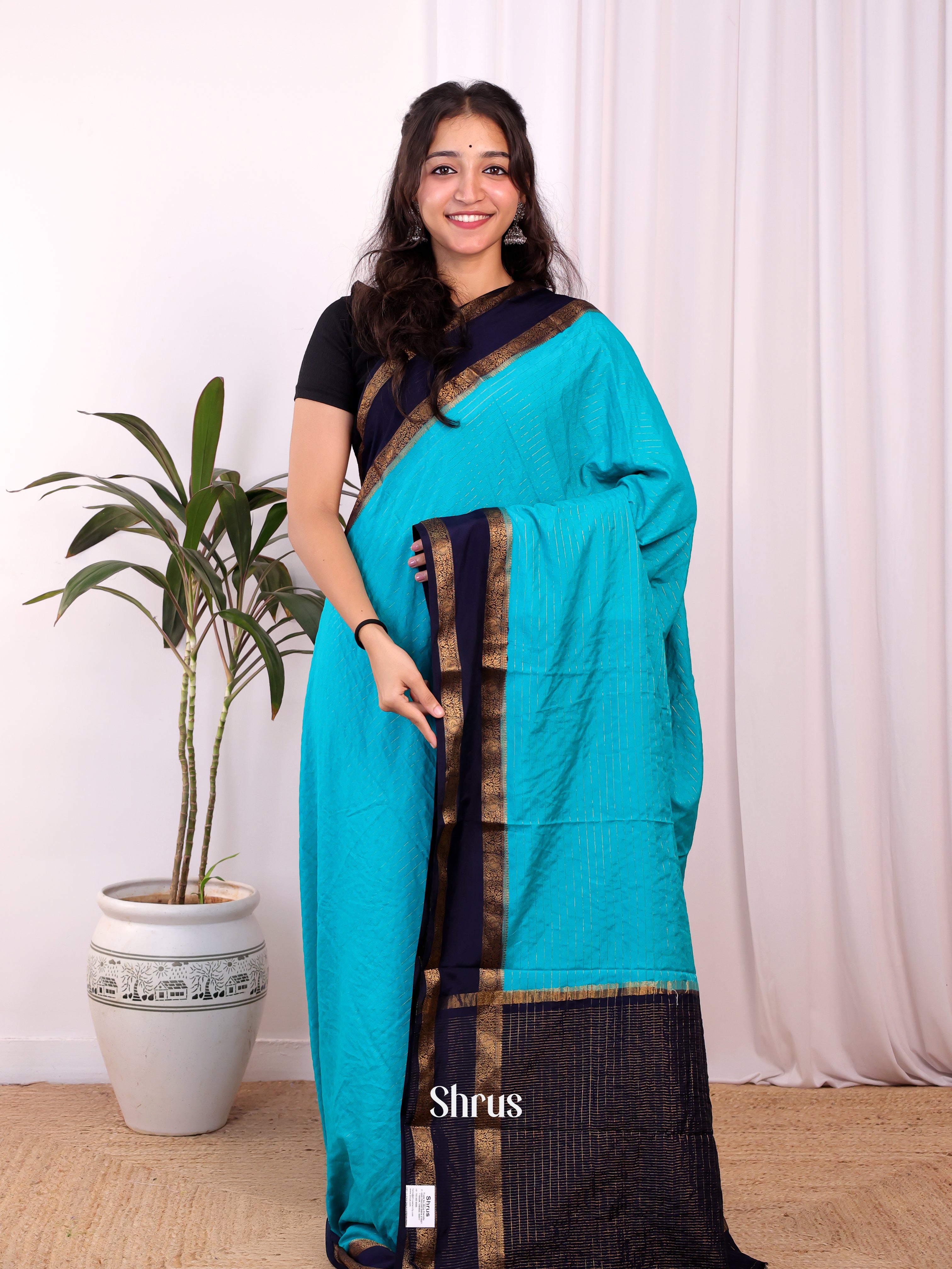 Teal & Blue - Semi Mysoresilk Saree - Shop on Shrus.com