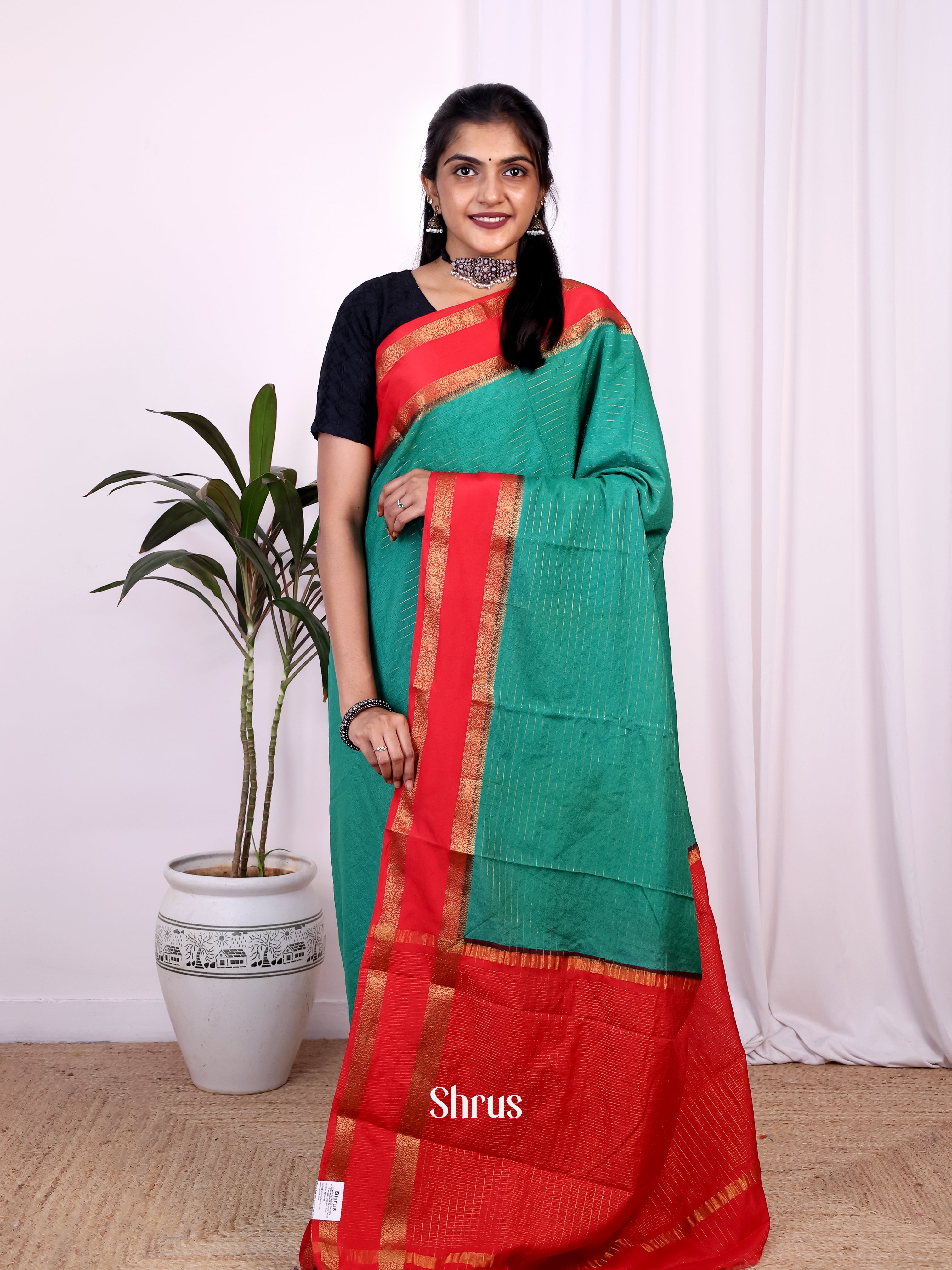 Green & Red- Semi Mysoresilk Saree - Shop on Shrus.com