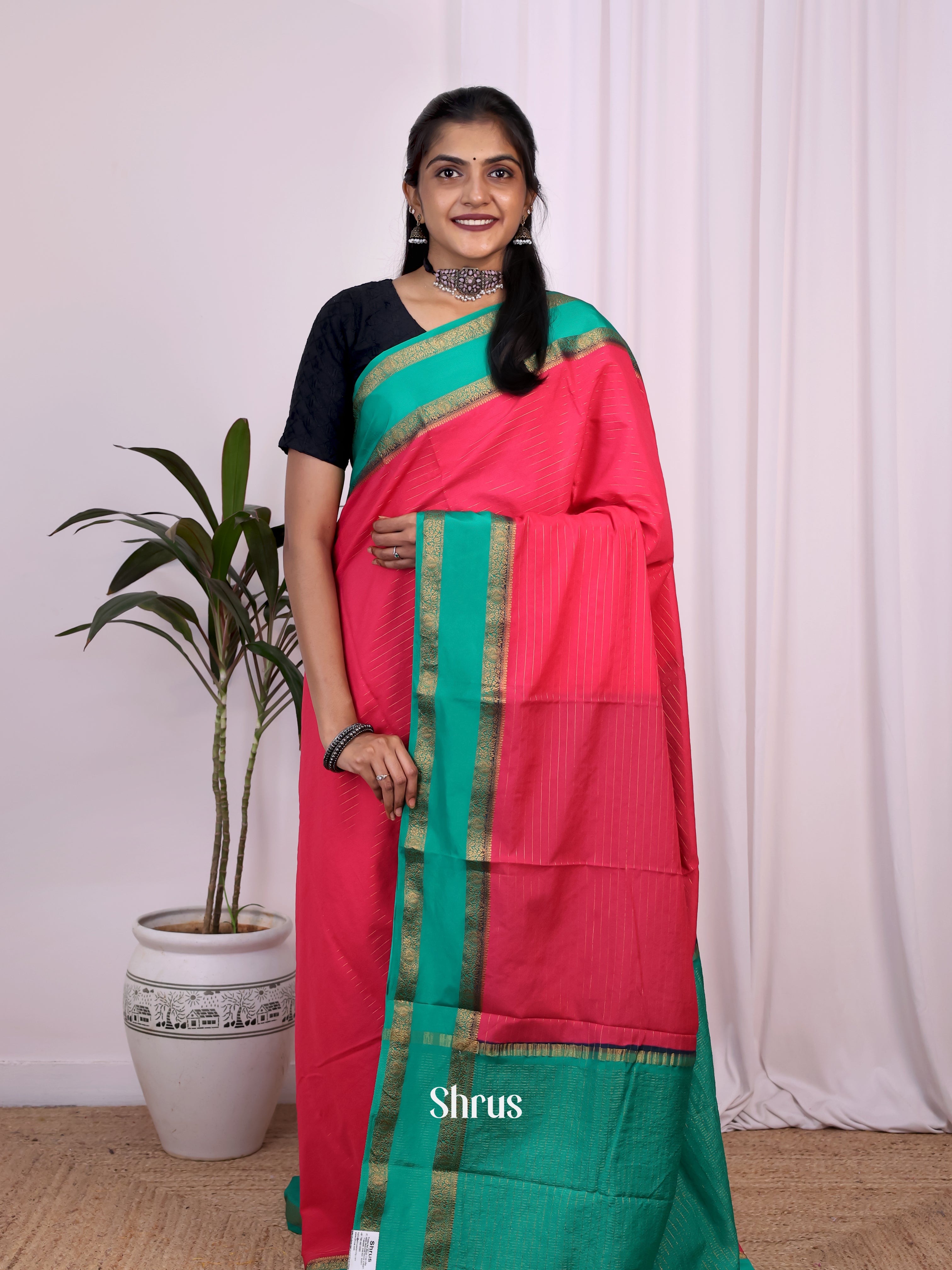 Pink & Green - Semi Mysoresilk Saree - Shop on Shrus.com