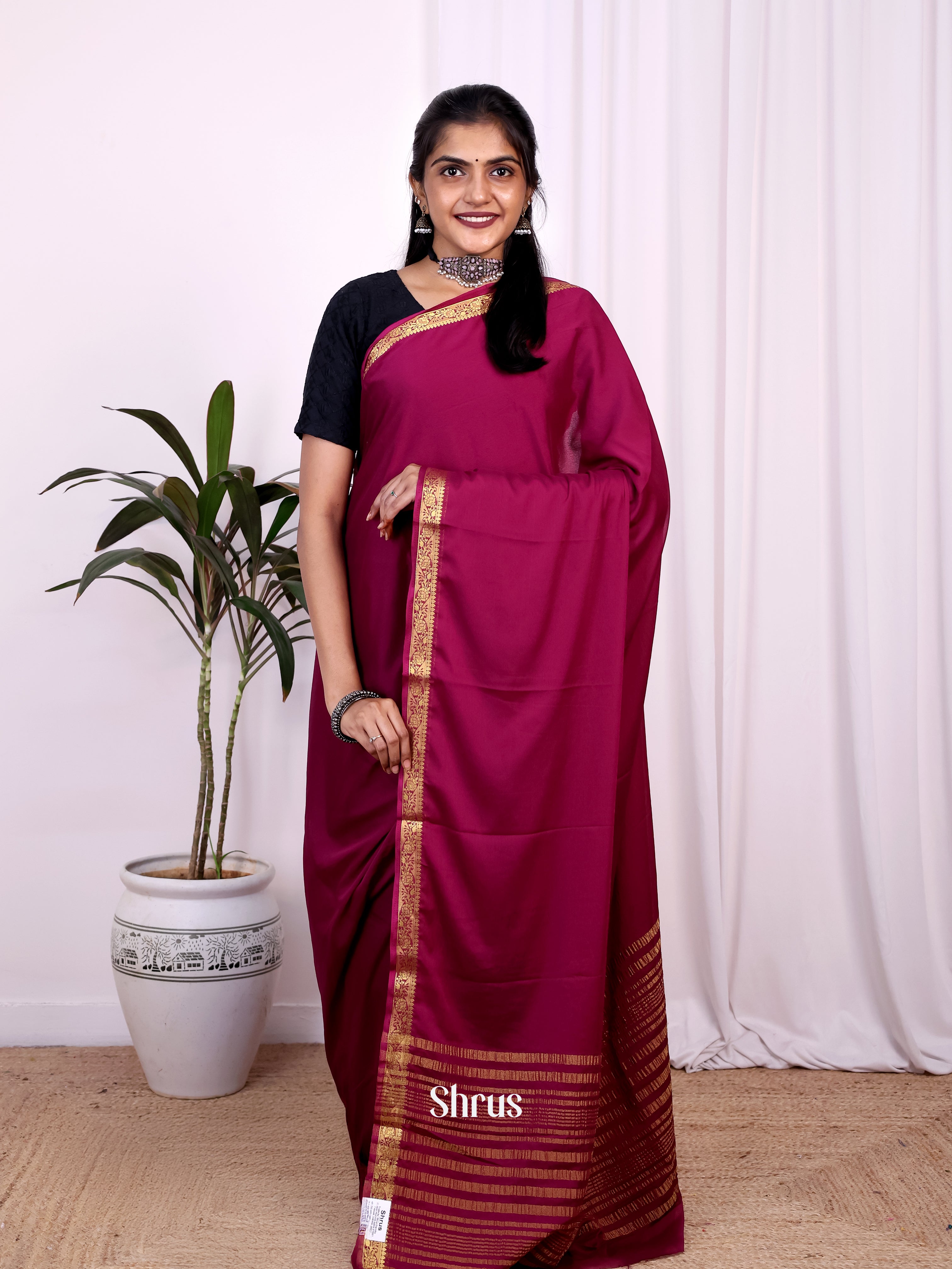 Wine - Semi Mysoresilk Saree - Shop on Shrus.com