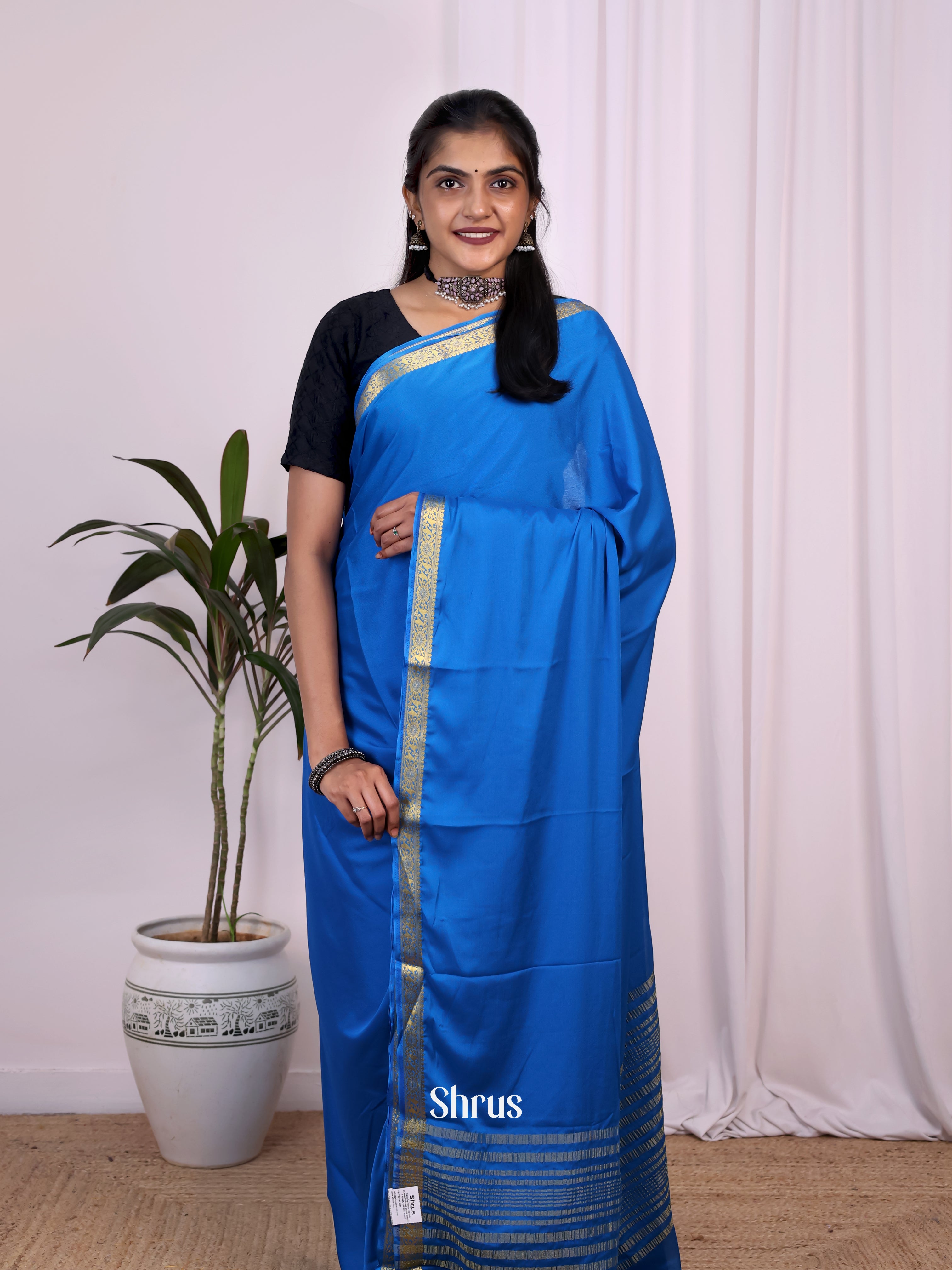 Blue- Semi Mysoresilk Saree - Shop on Shrus.com