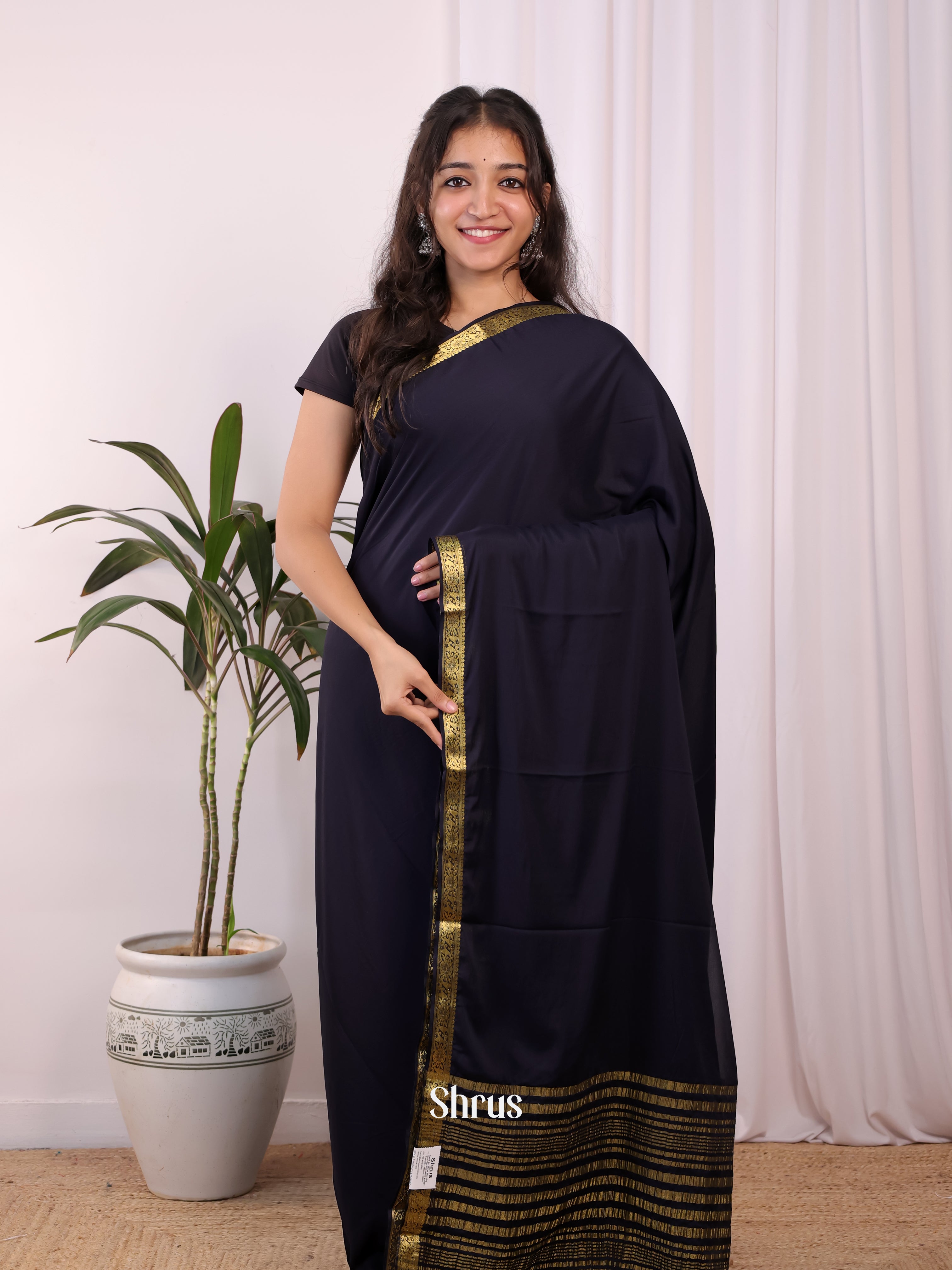 Navy Blue - Semi Mysoresilk Saree - Shop on Shrus.com