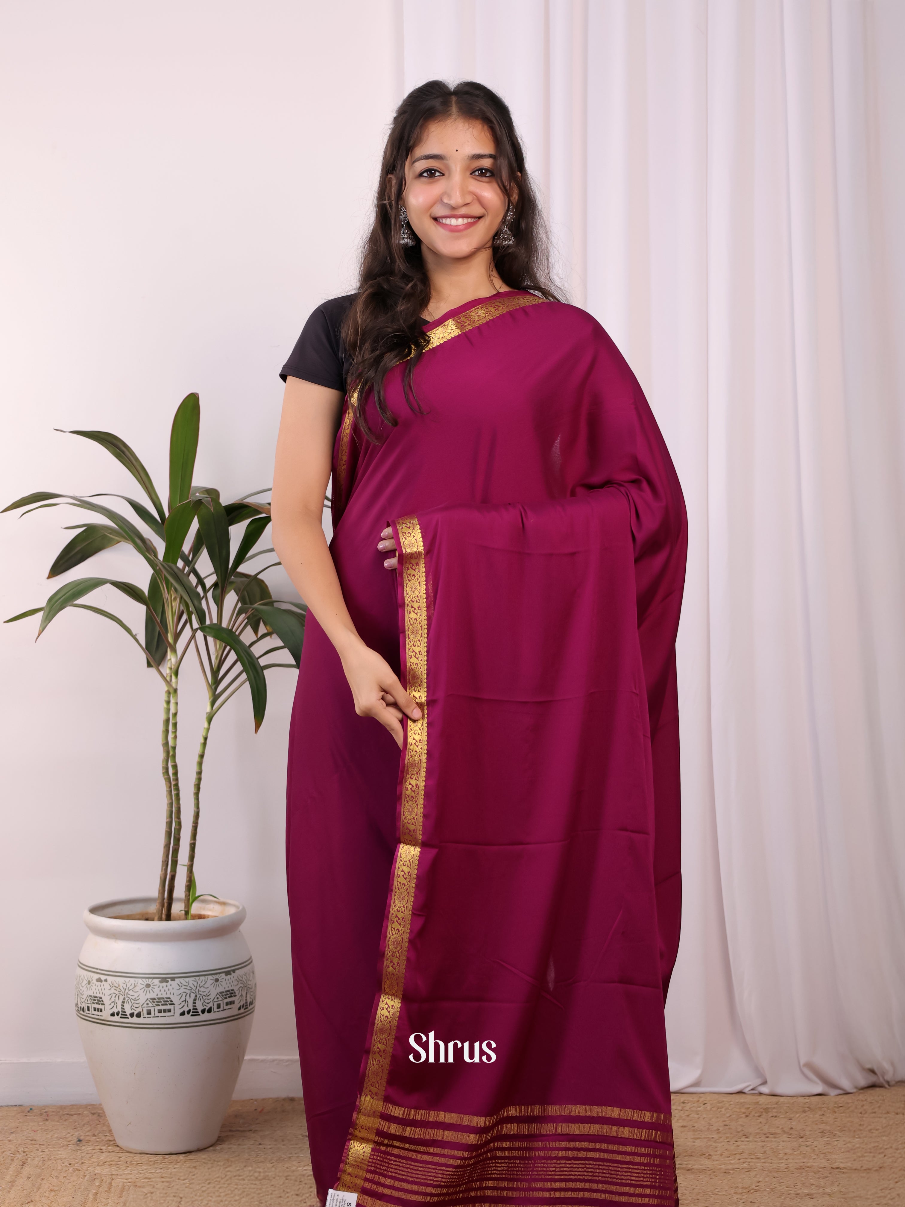 Wine- Semi Mysoresilk Saree - Shop on Shrus.com