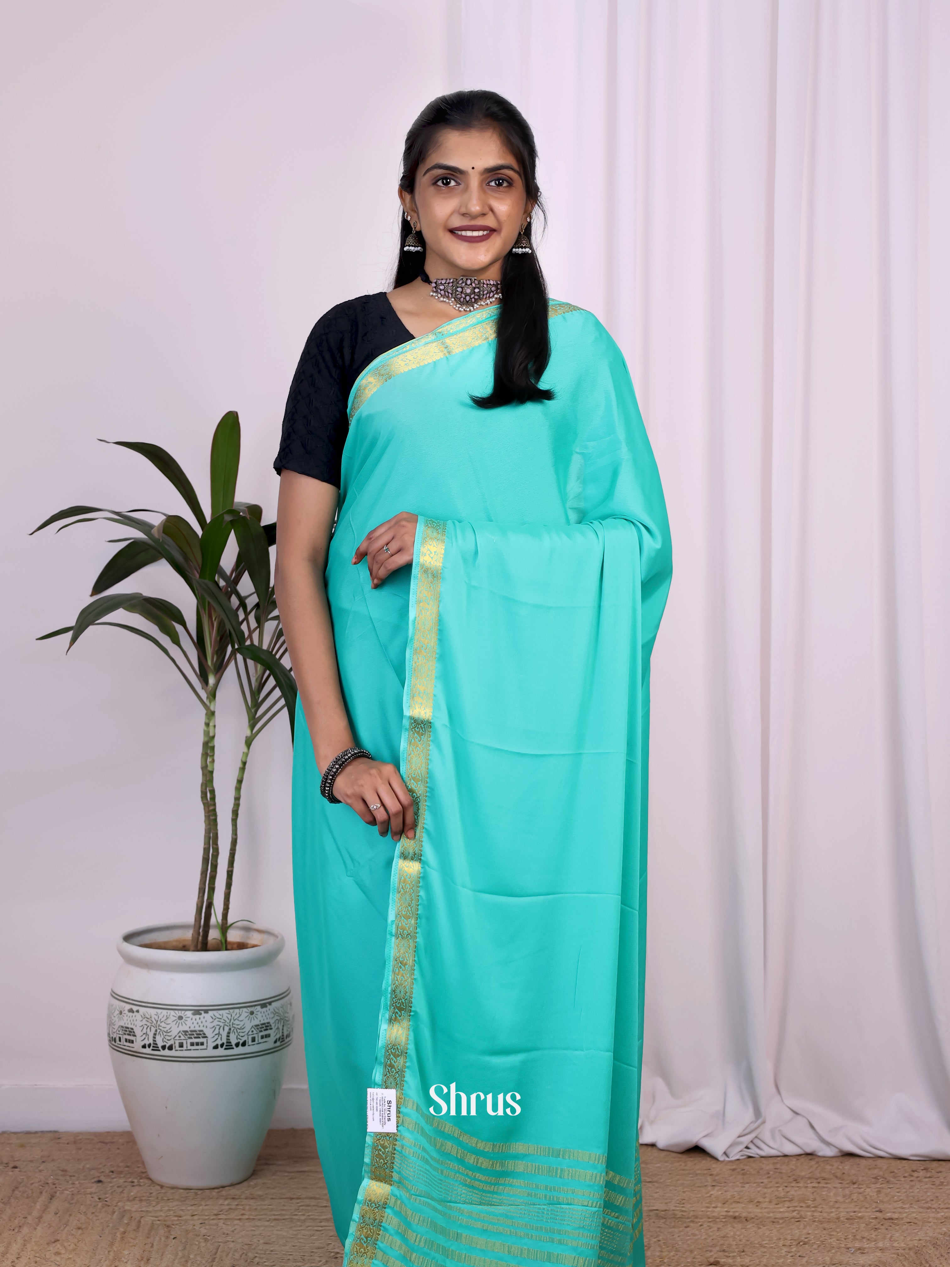 Teal - Semi Mysoresilk Saree - Shop on Shrus.com