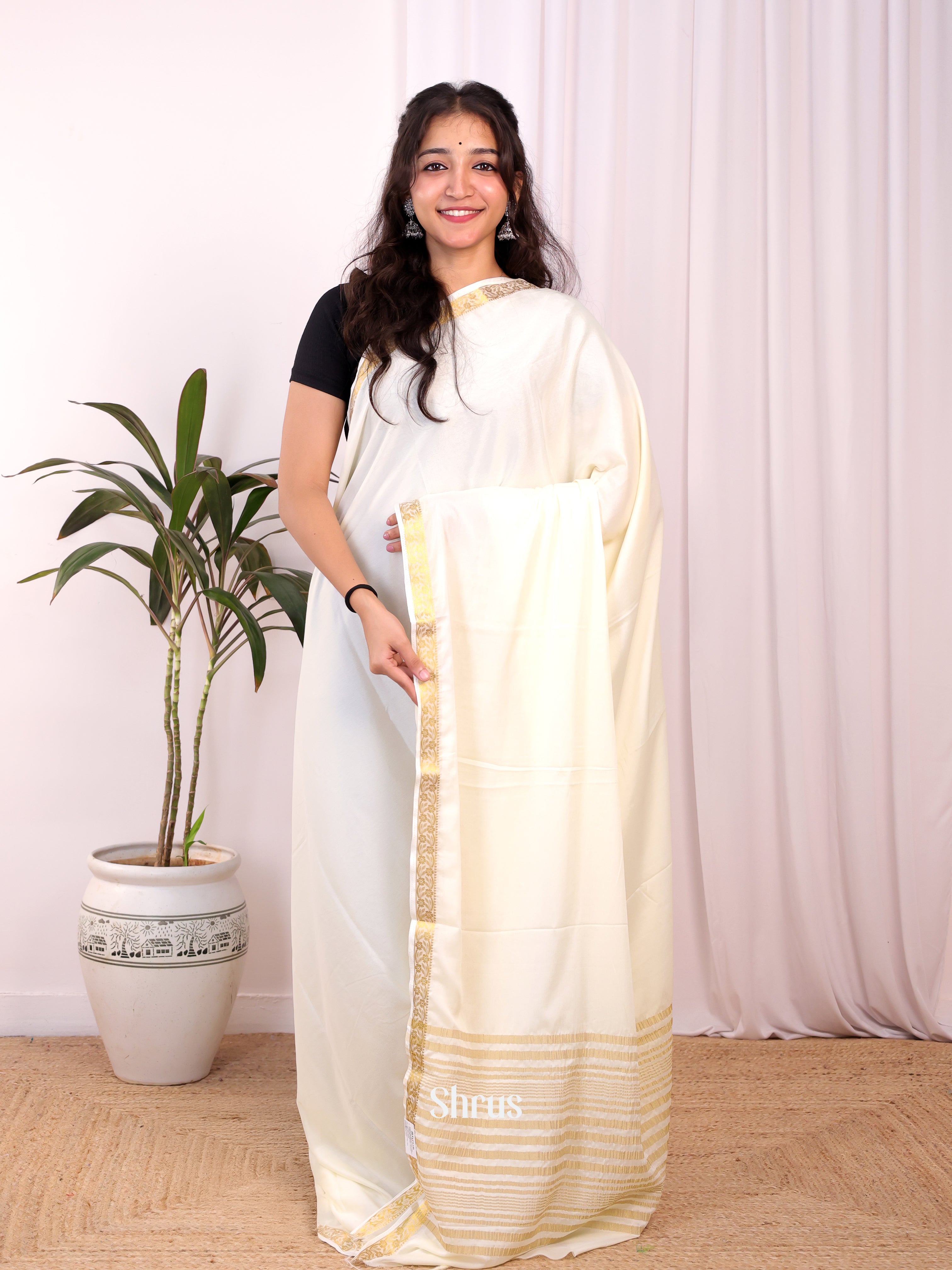 Cream - Semi Mysoresilk Saree - Shop on Shrus.com