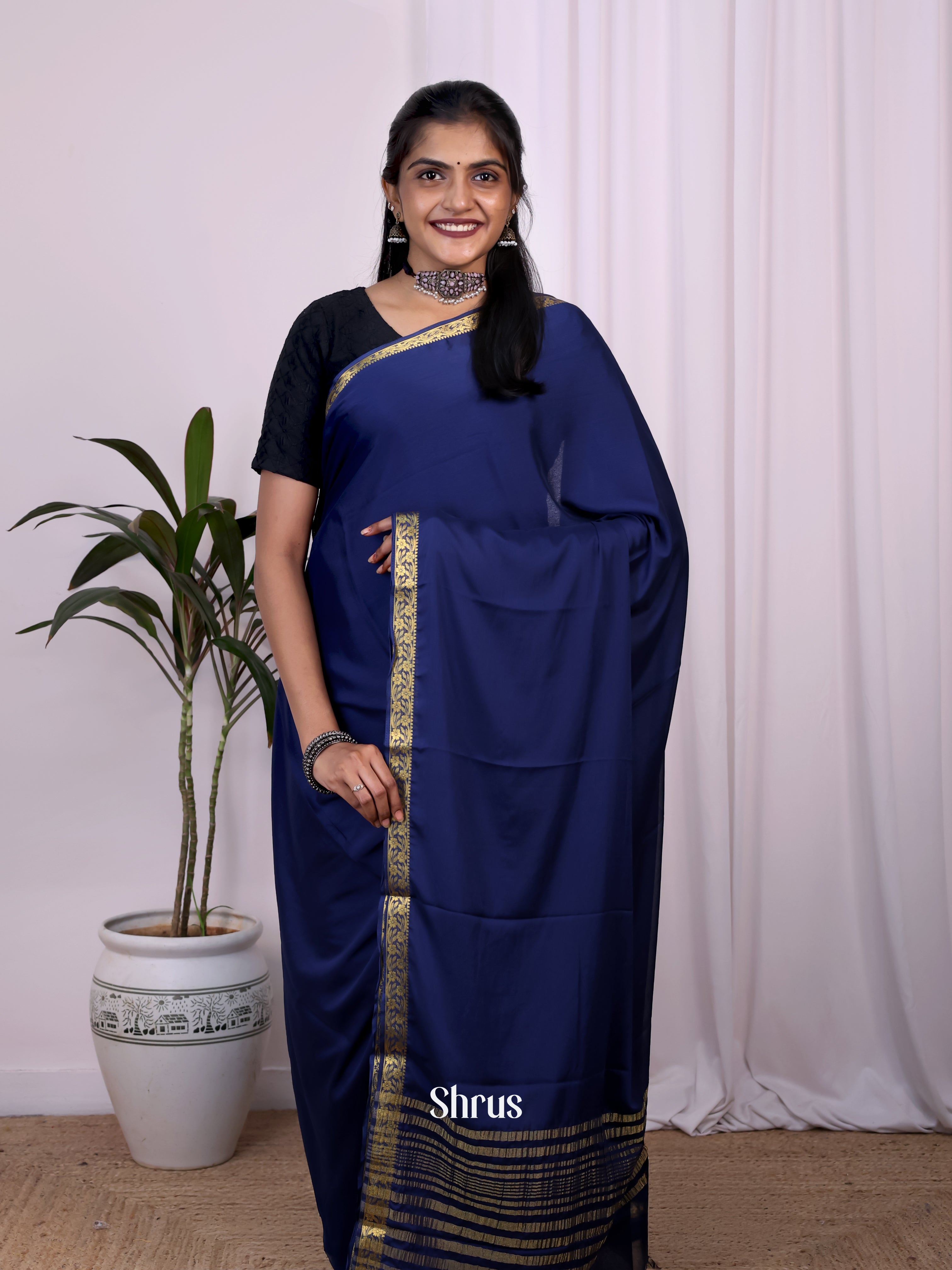 Blue - Semi Mysoresilk Saree - Shop on Shrus.com
